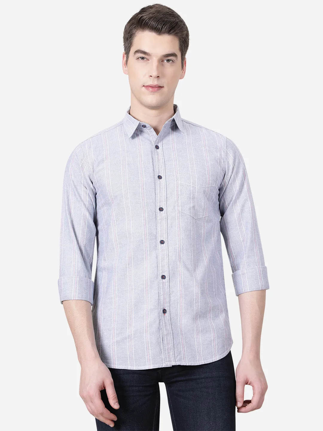 Neutral Grey Striped Slim Fit Semi Casual Shirt | JadeBlue