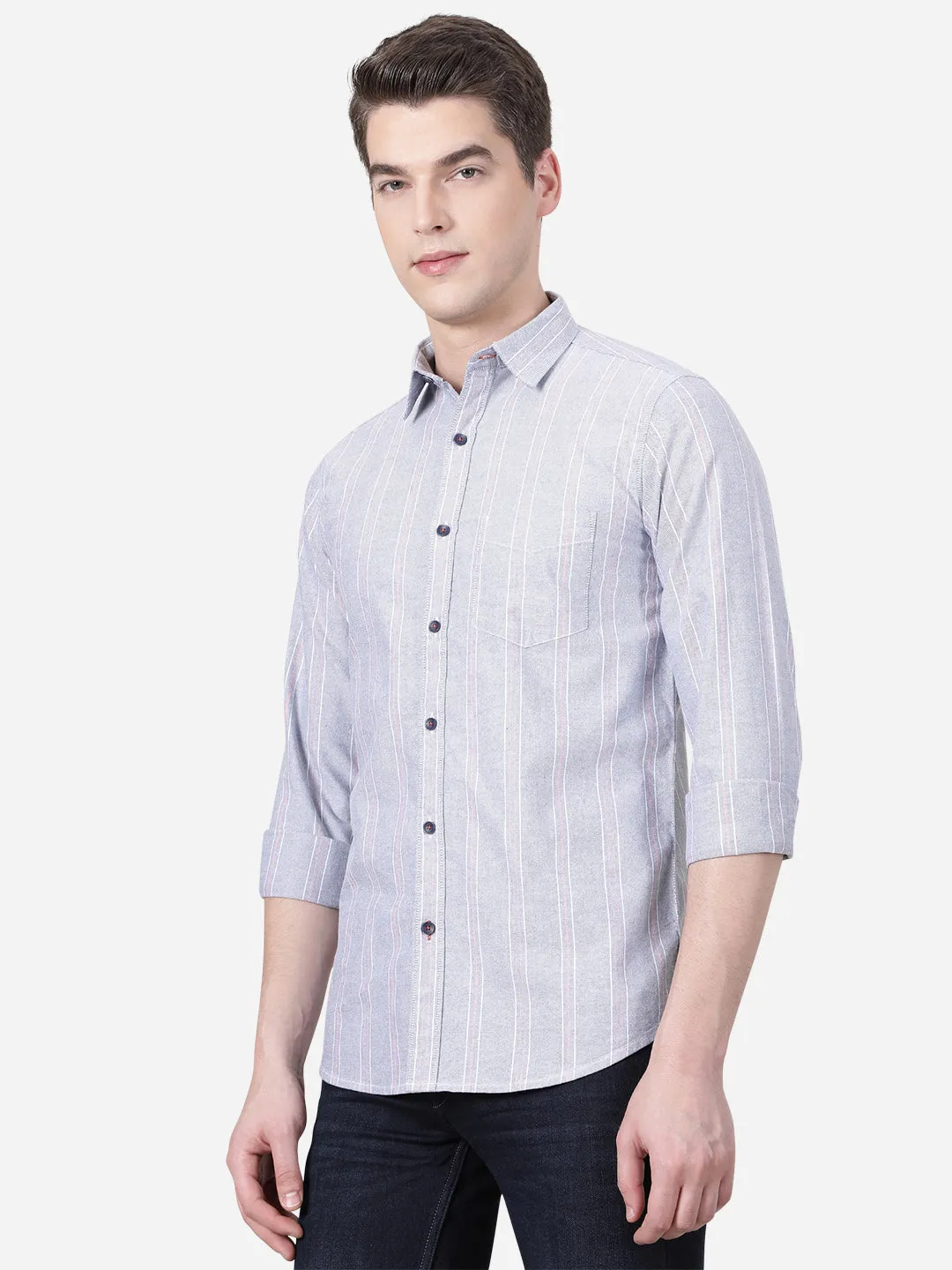 Neutral Grey Striped Slim Fit Semi Casual Shirt | JadeBlue