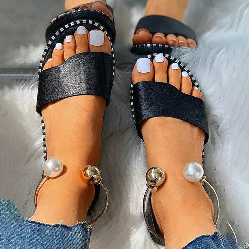 New Summer Women Beaded Pearly Sandals Slippers Shoes Ladies Flats Sandals Flip Flop Casual Flat Slingback Sandals Shoes