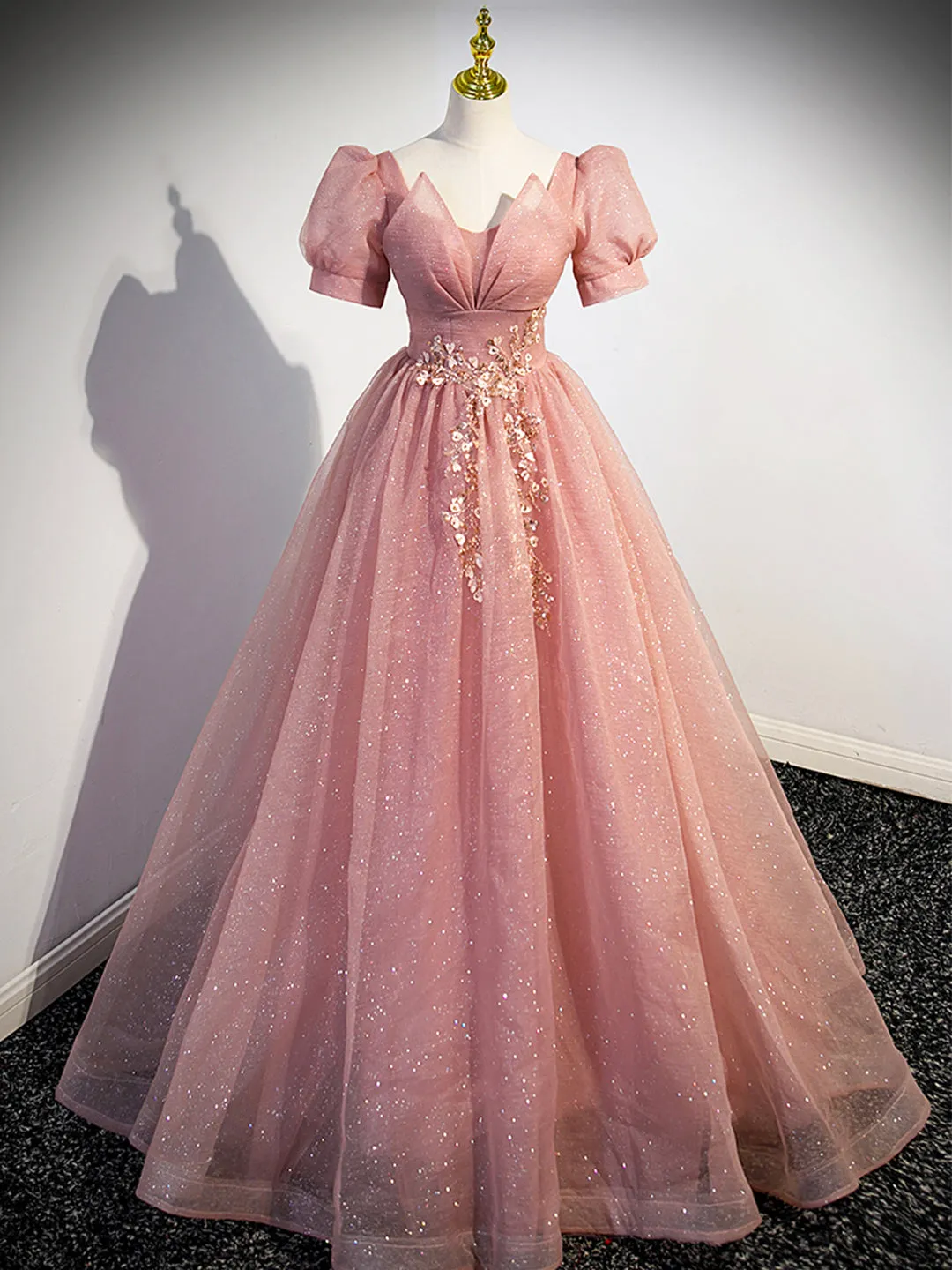 Pink Tulle Floor Length Prom Dress with Short Sleeve Beautiful A-Line Evening Dress