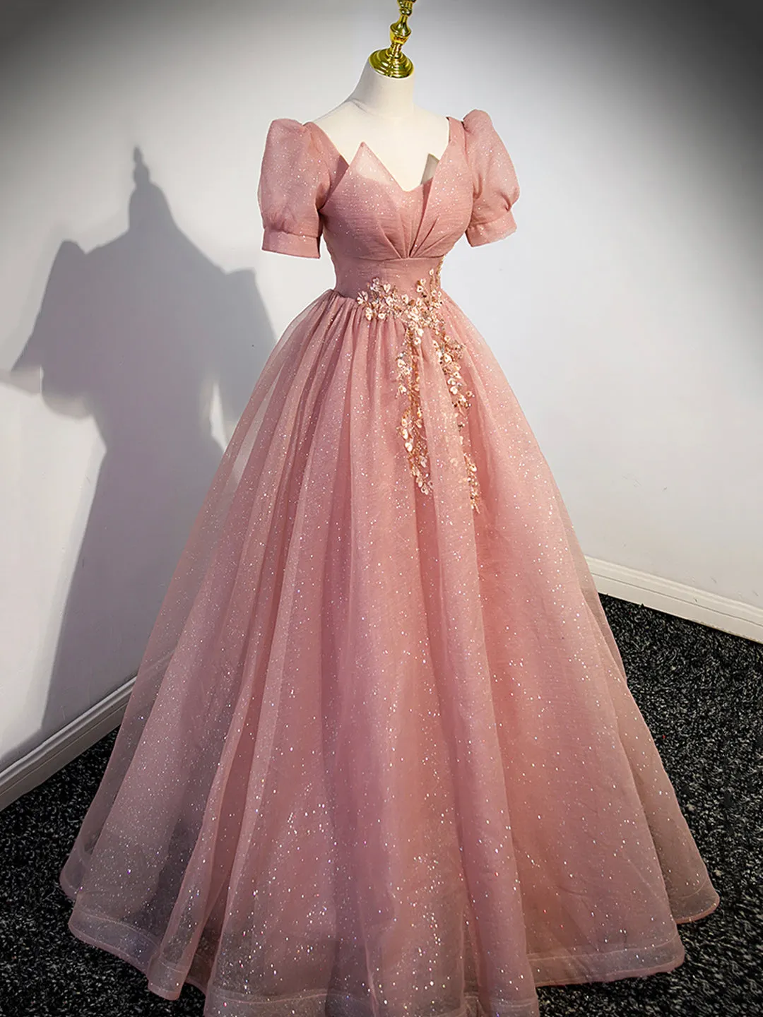 Pink Tulle Floor Length Prom Dress with Short Sleeve Beautiful A-Line Evening Dress