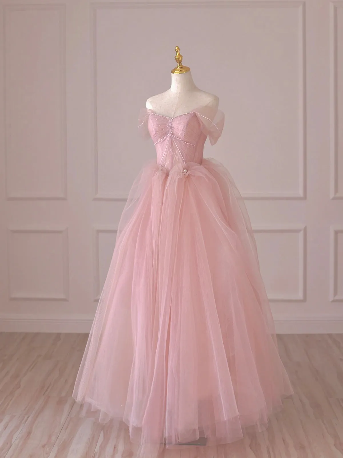 Pink Tulle Lace Long Prom Dress Off the Shoulder Evening Dress