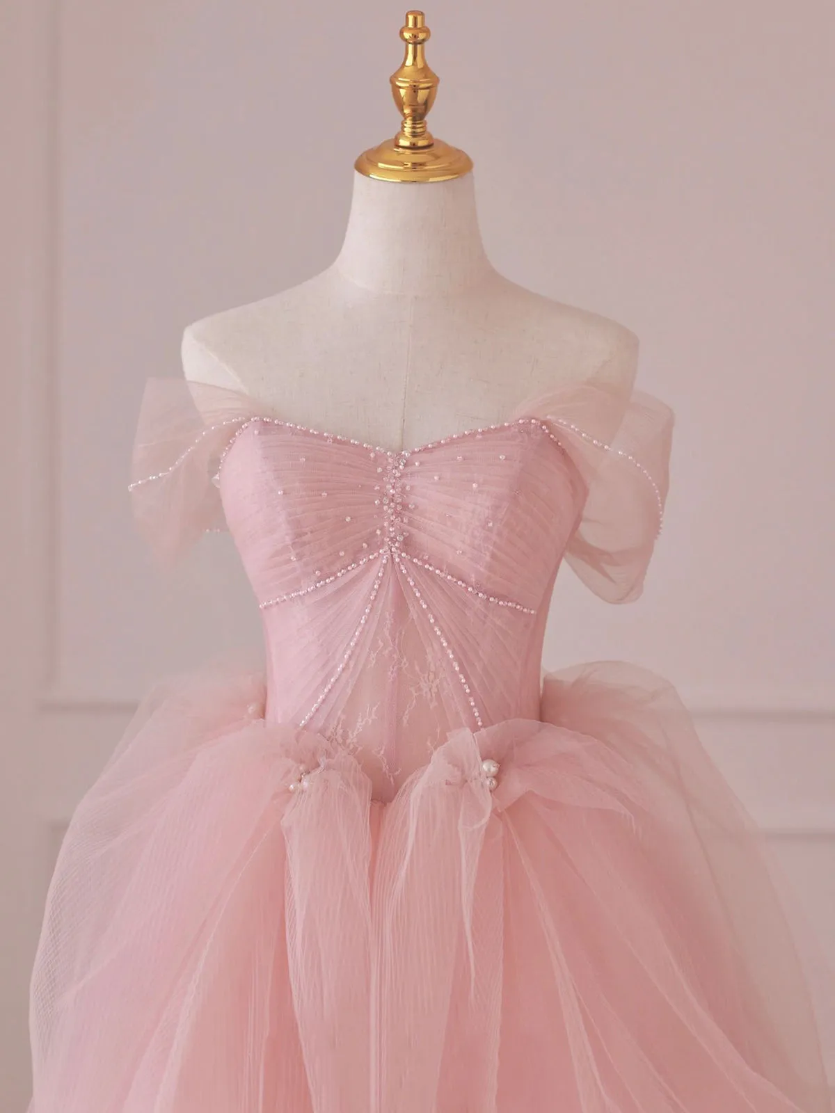 Pink Tulle Lace Long Prom Dress Off the Shoulder Evening Dress