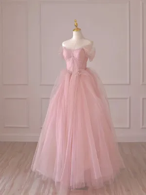 Pink Tulle Lace Long Prom Dress Off the Shoulder Evening Dress