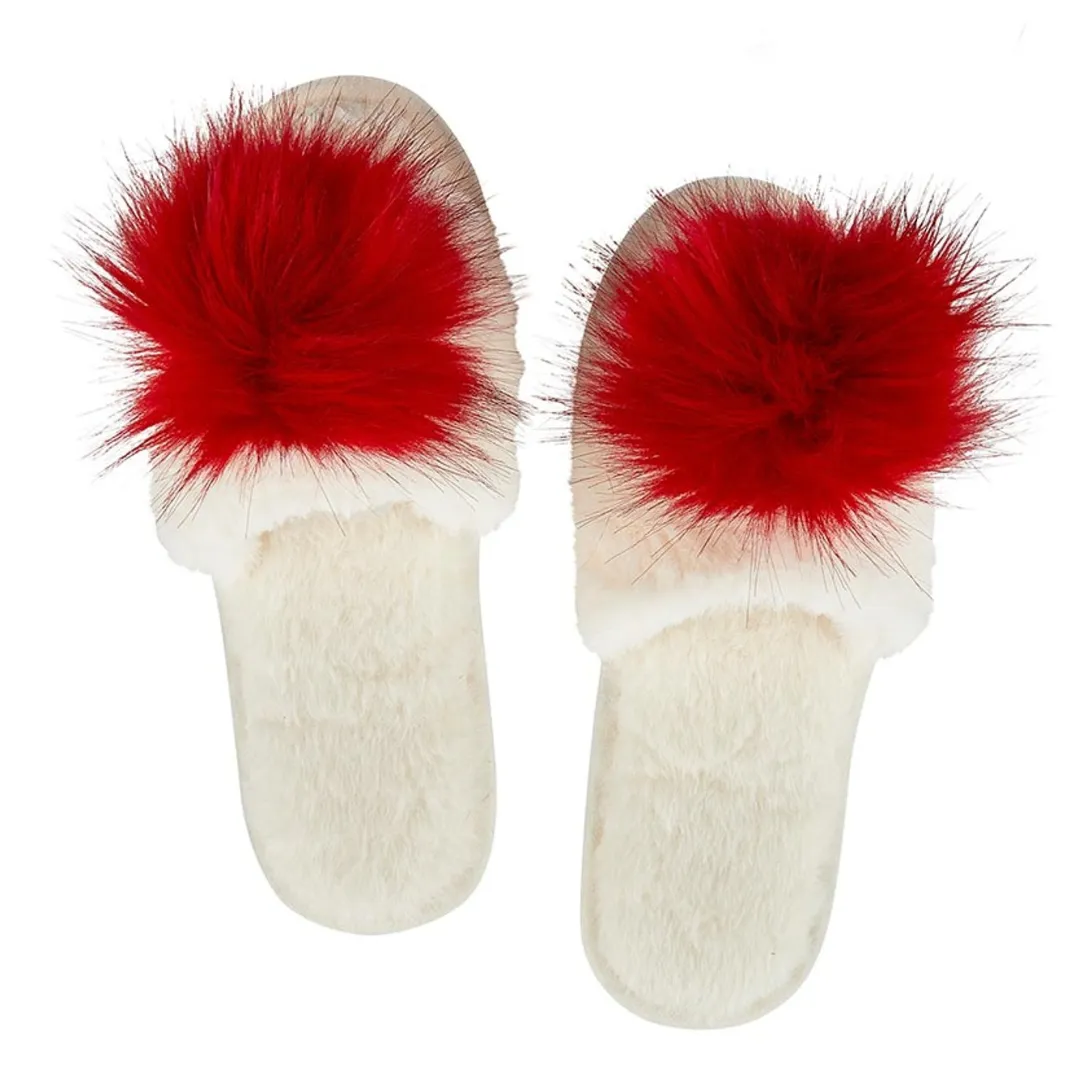 Plush PomPom Slippers - Red   White