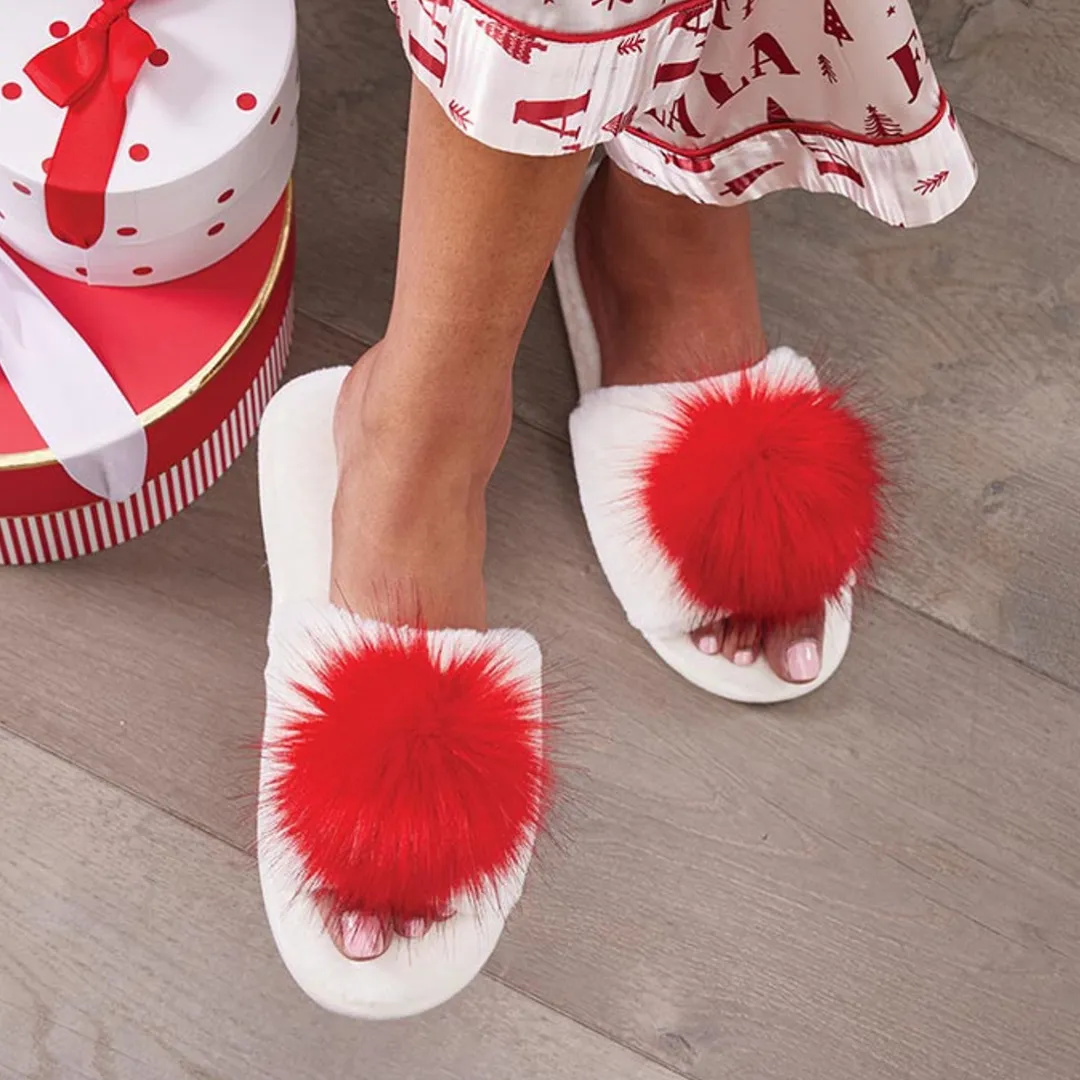 Plush PomPom Slippers - Red   White