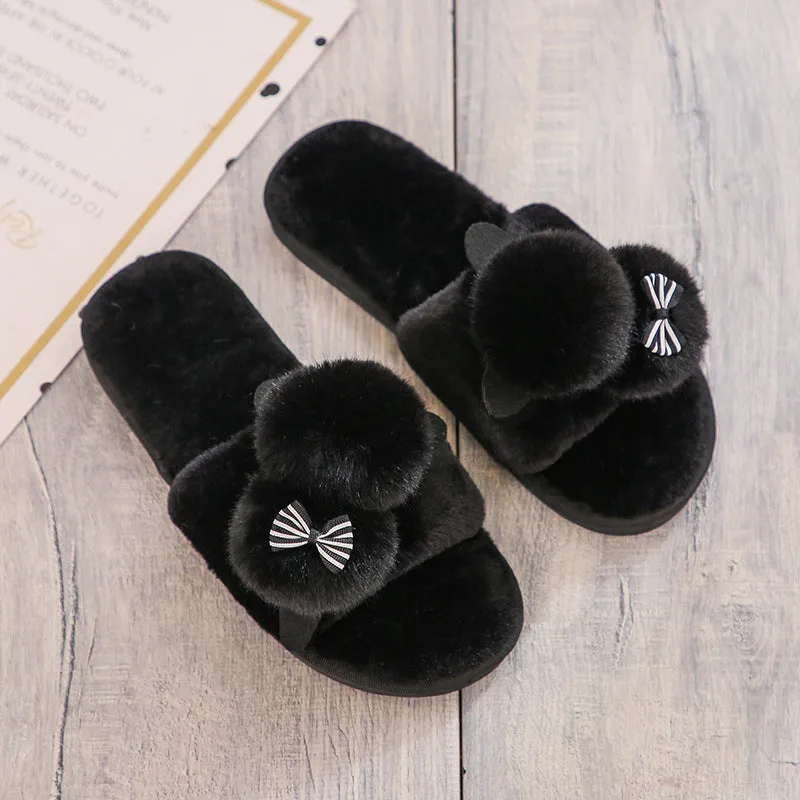 Plush Slippers with Pom Poms for Women