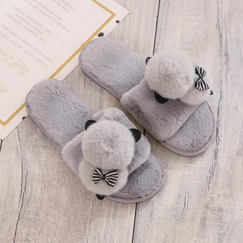 Plush Slippers with Pom Poms for Women