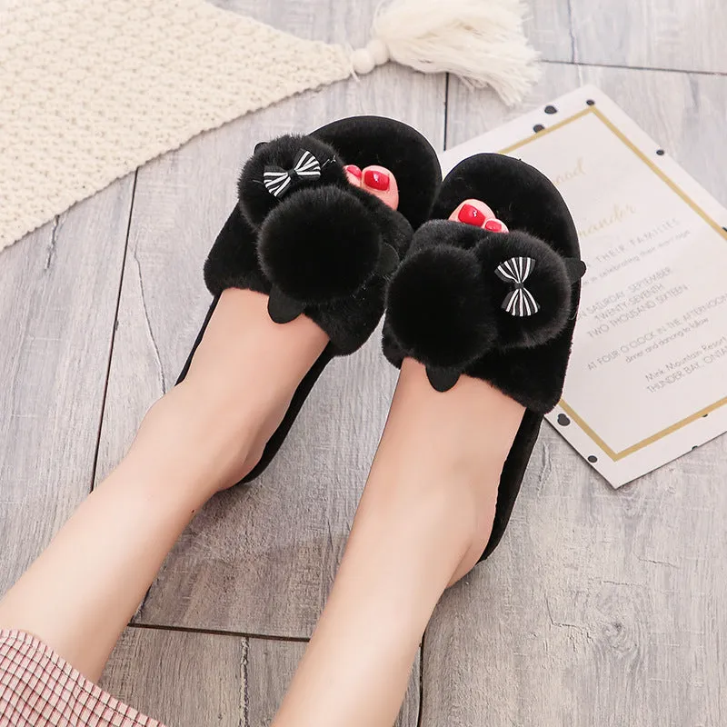 Plush Slippers with Pom Poms for Women