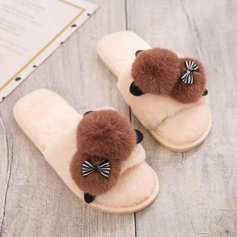 Plush Slippers with Pom Poms for Women