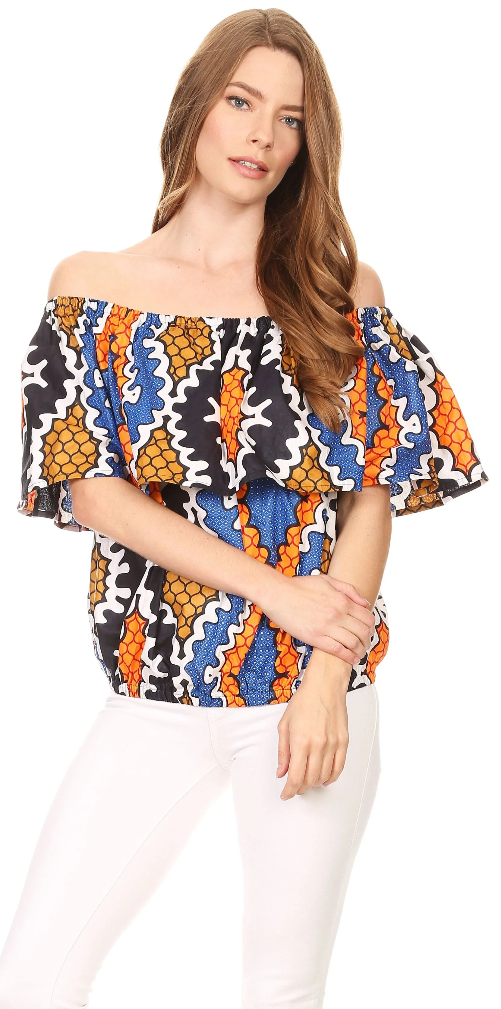 Sakkas Amai Off-shoulder Ruffle Ankara Wax African Dutch Casual Blouse Top