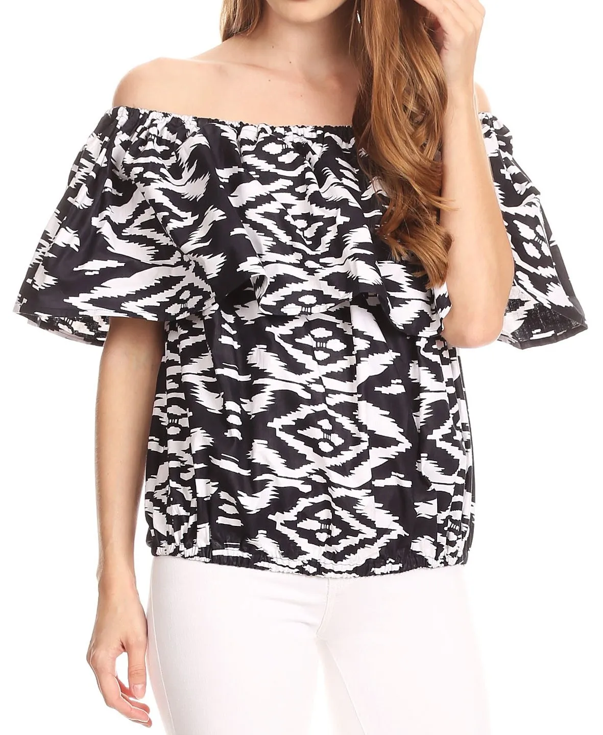 Sakkas Amai Off-shoulder Ruffle Ankara Wax African Dutch Casual Blouse Top