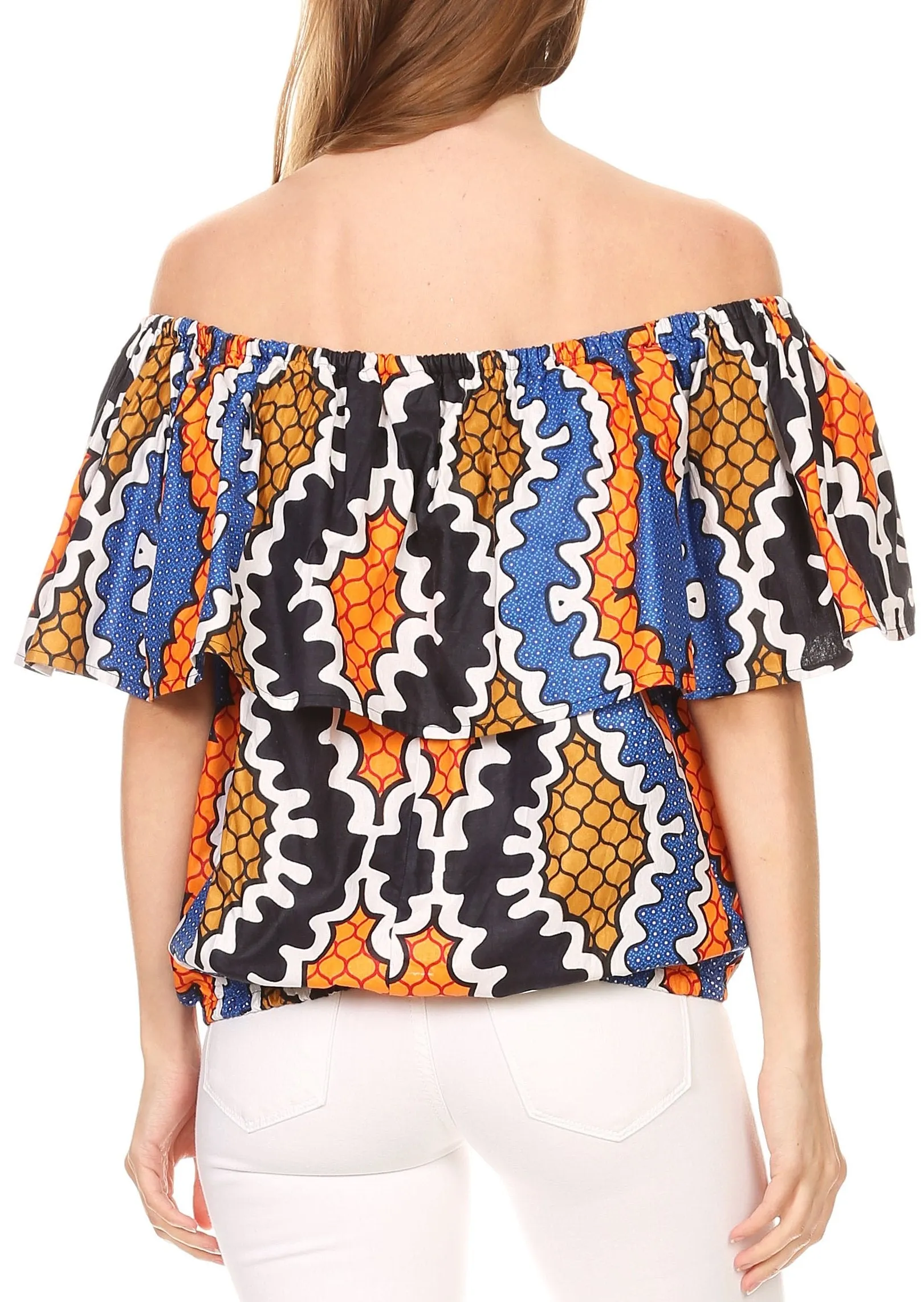 Sakkas Amai Off-shoulder Ruffle Ankara Wax African Dutch Casual Blouse Top