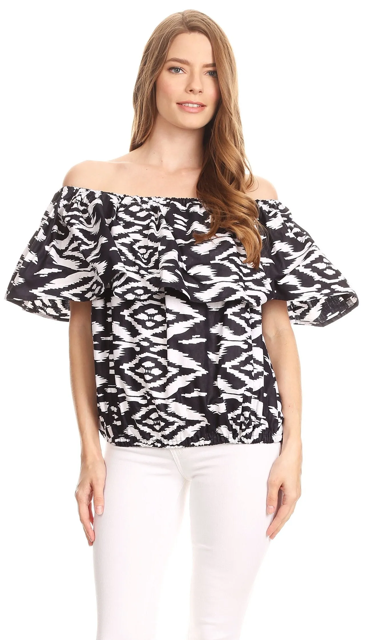 Sakkas Amai Off-shoulder Ruffle Ankara Wax African Dutch Casual Blouse Top