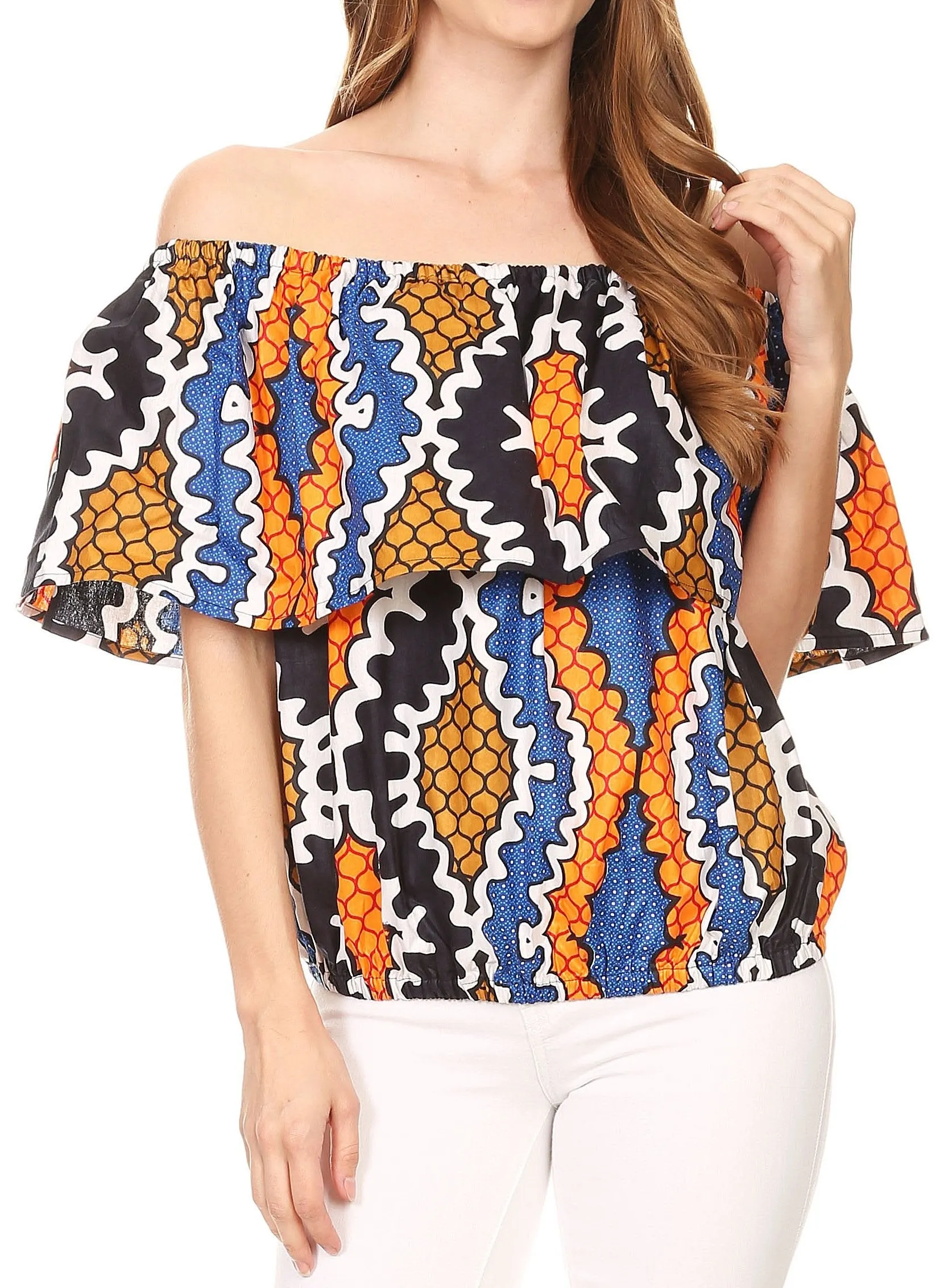 Sakkas Amai Off-shoulder Ruffle Ankara Wax African Dutch Casual Blouse Top