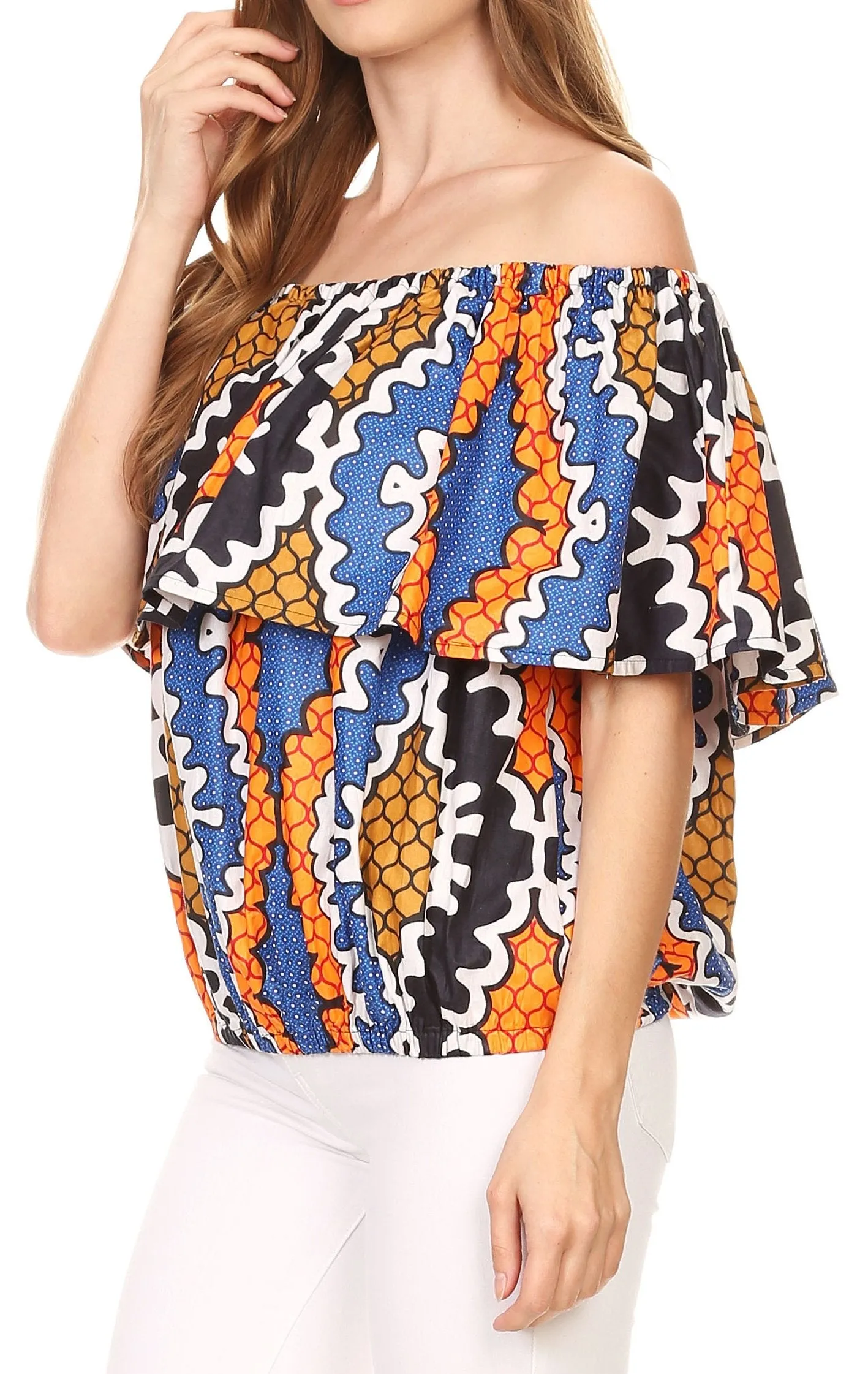 Sakkas Amai Off-shoulder Ruffle Ankara Wax African Dutch Casual Blouse Top