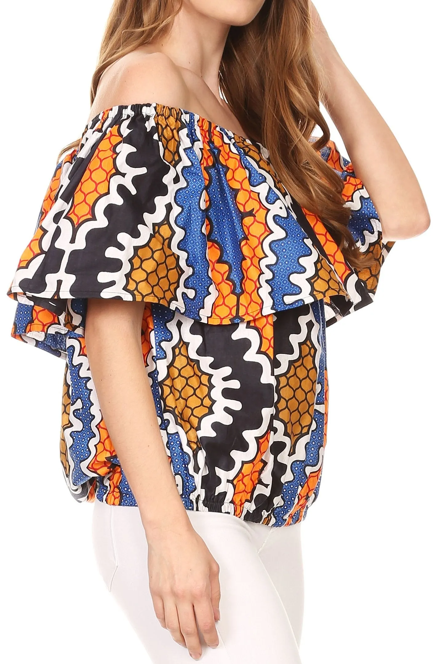 Sakkas Amai Off-shoulder Ruffle Ankara Wax African Dutch Casual Blouse Top