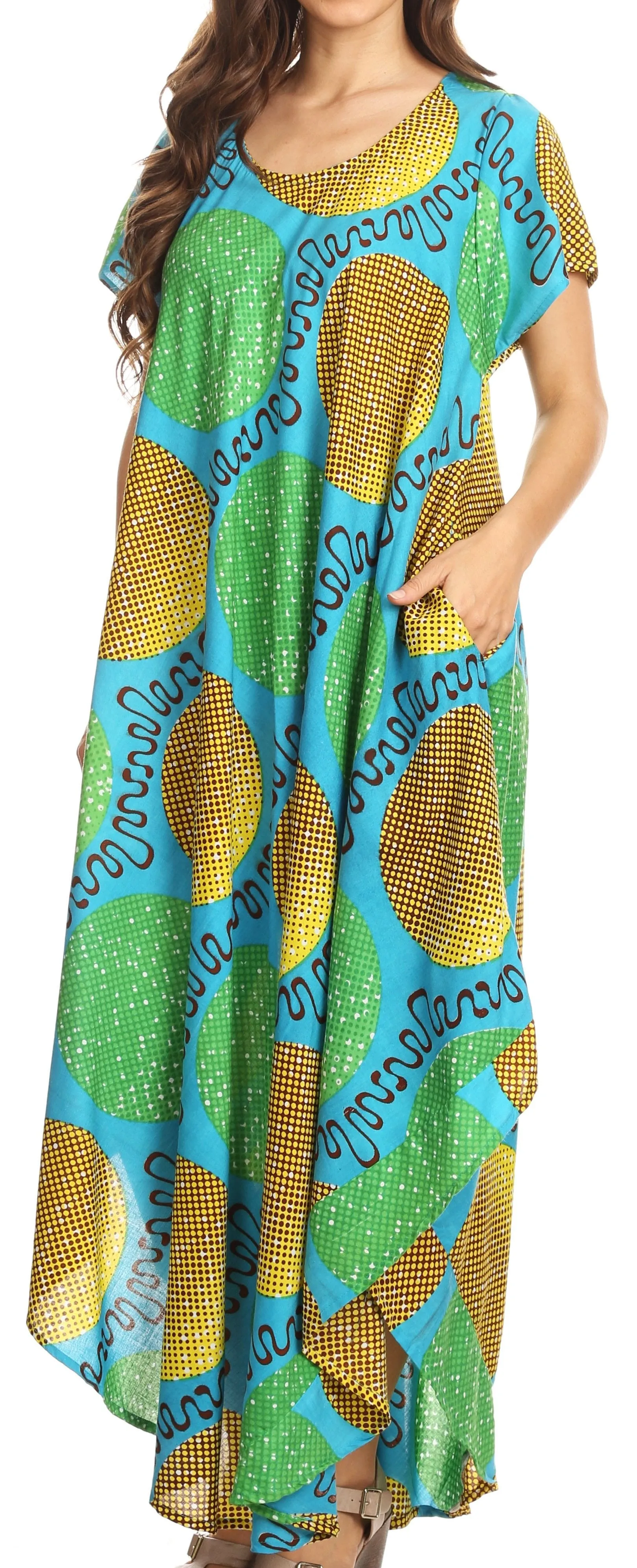 Sakkas Merve Womens Maxi Short Sleeve  Dress High Low on Ankara Print w/Pockets