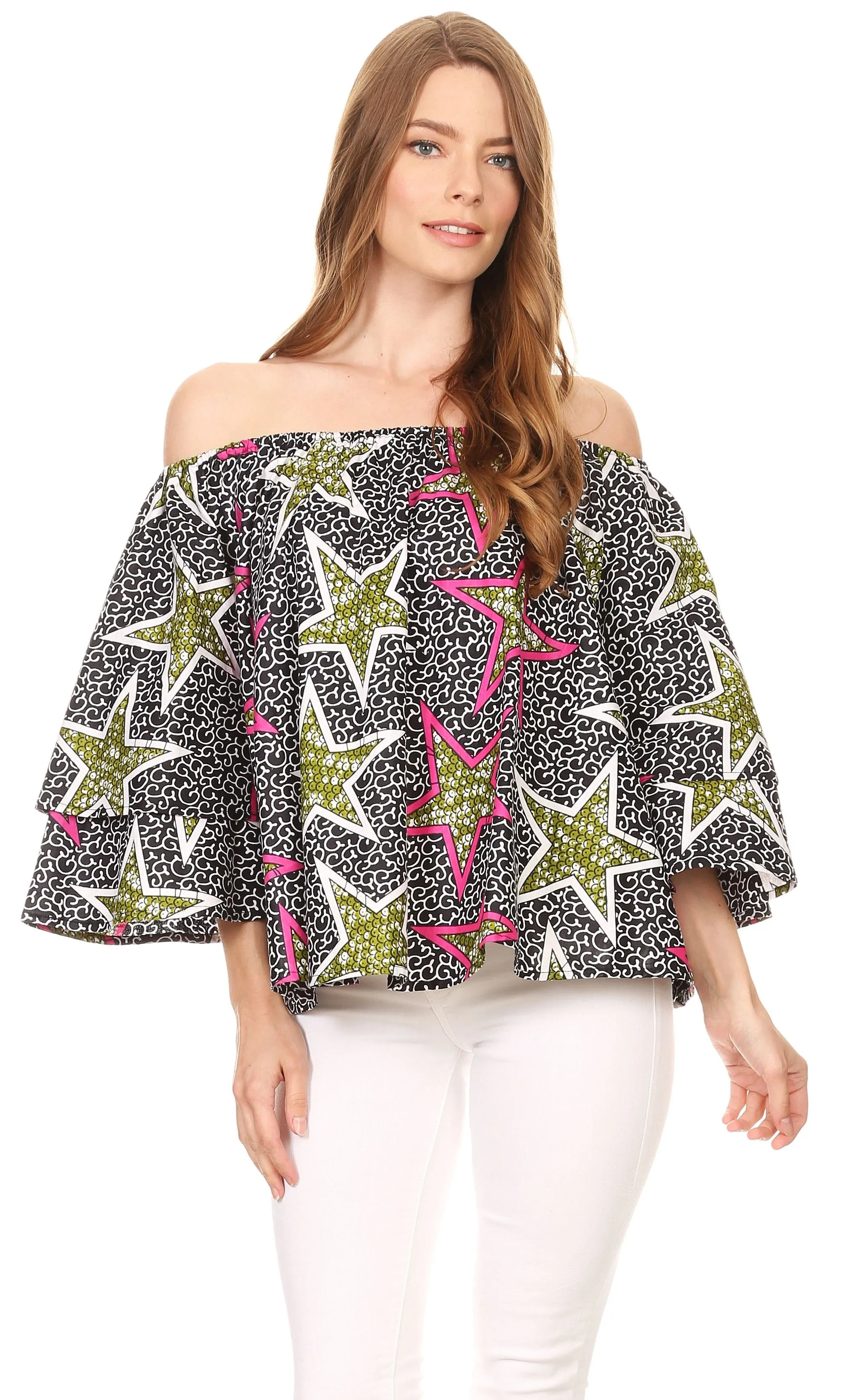 Sakkas Omari Off-shoulder Bell Sleeve Blouse Top Relax Fit Ankara African Wax