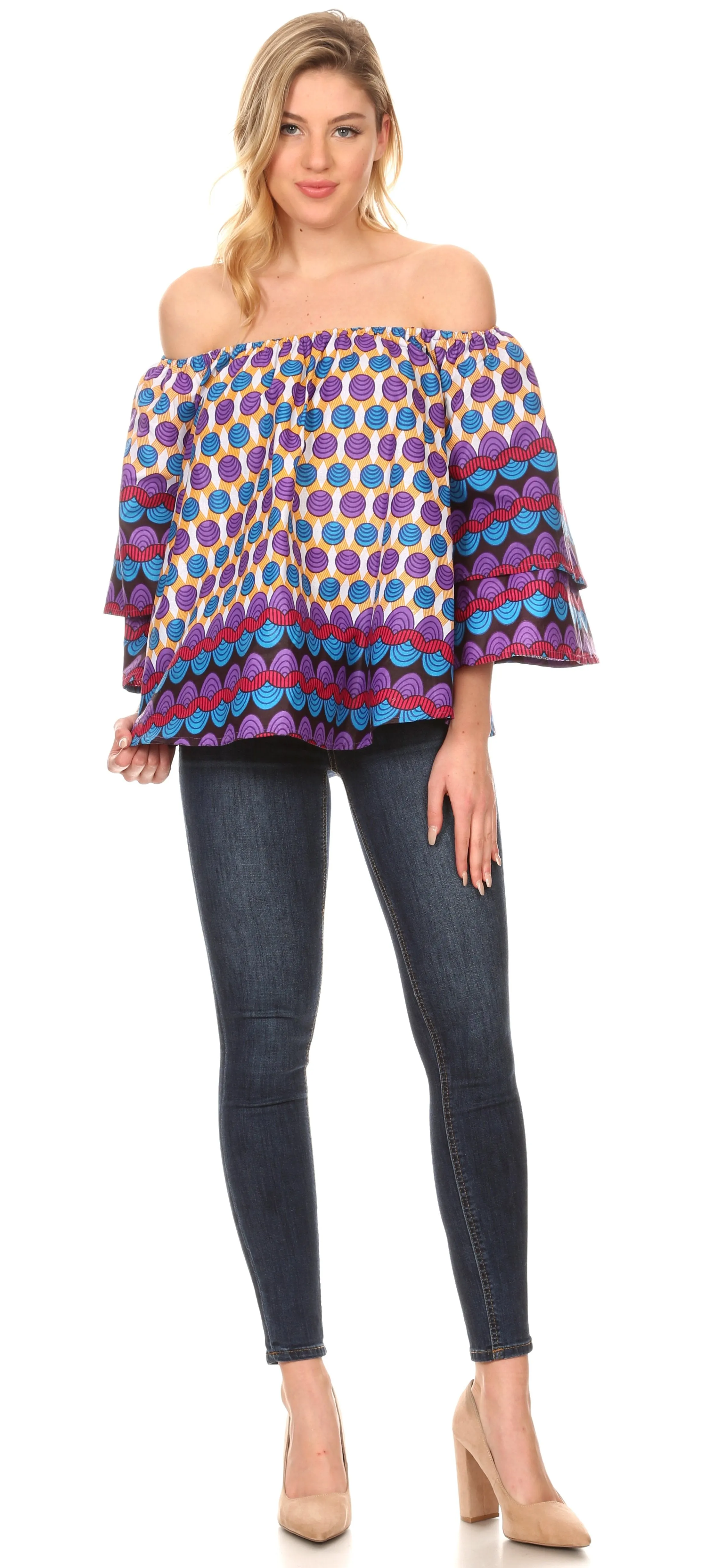 Sakkas Omari Off-shoulder Bell Sleeve Blouse Top Relax Fit Ankara African Wax