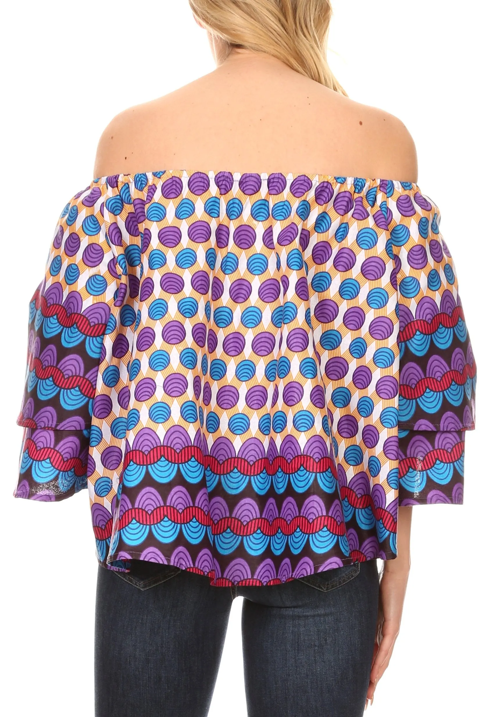 Sakkas Omari Off-shoulder Bell Sleeve Blouse Top Relax Fit Ankara African Wax