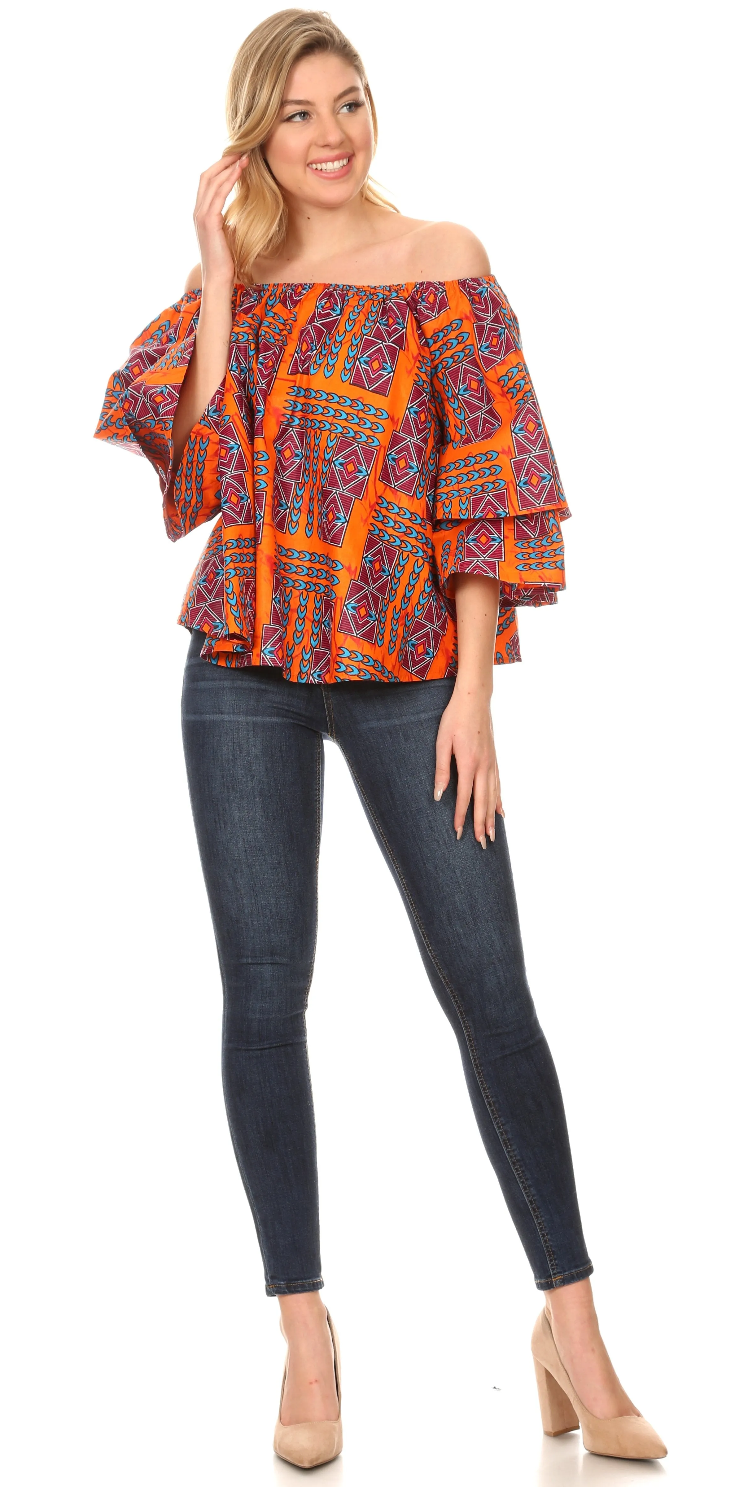 Sakkas Omari Off-shoulder Bell Sleeve Blouse Top Relax Fit Ankara African Wax