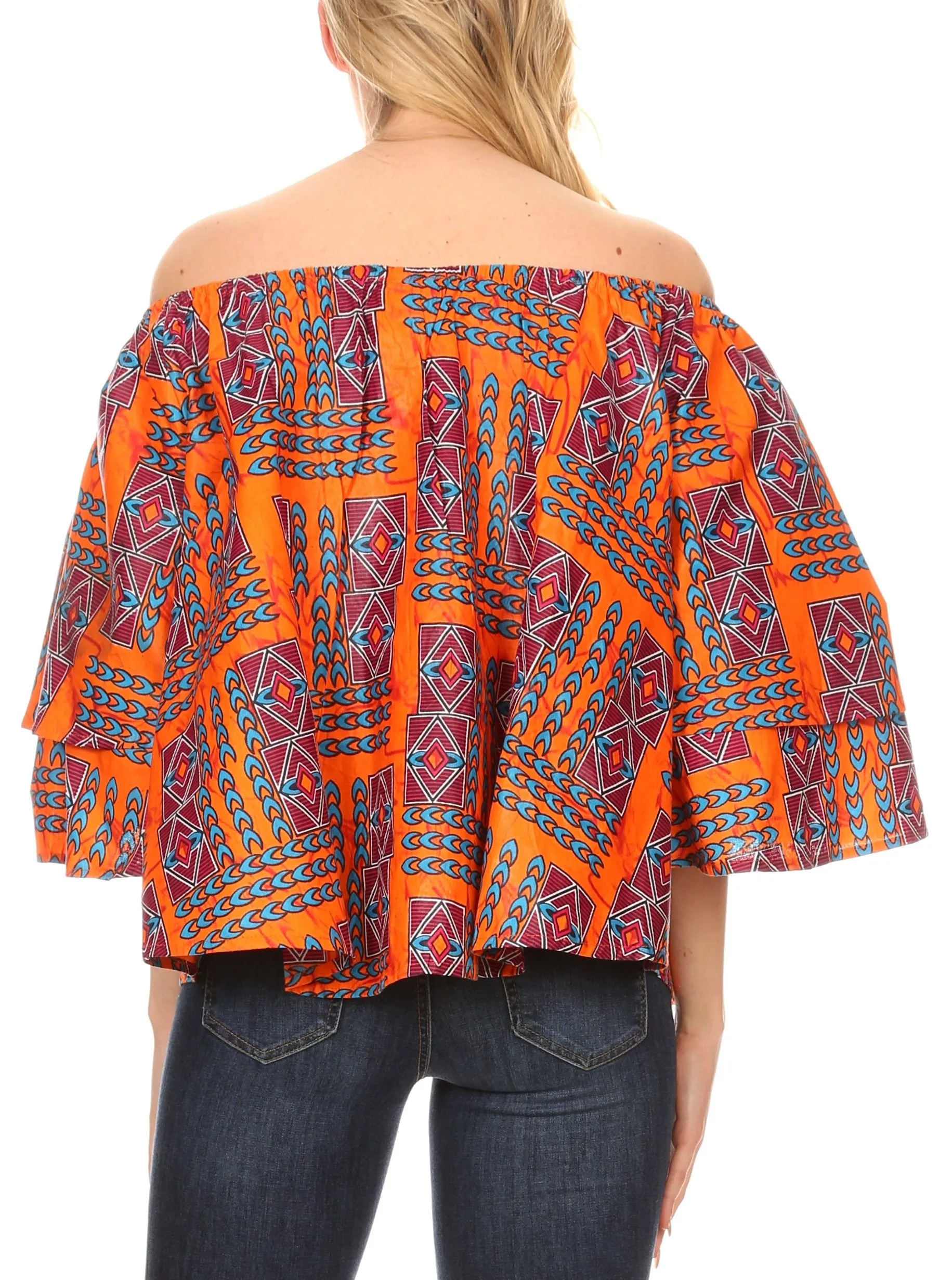 Sakkas Omari Off-shoulder Bell Sleeve Blouse Top Relax Fit Ankara African Wax