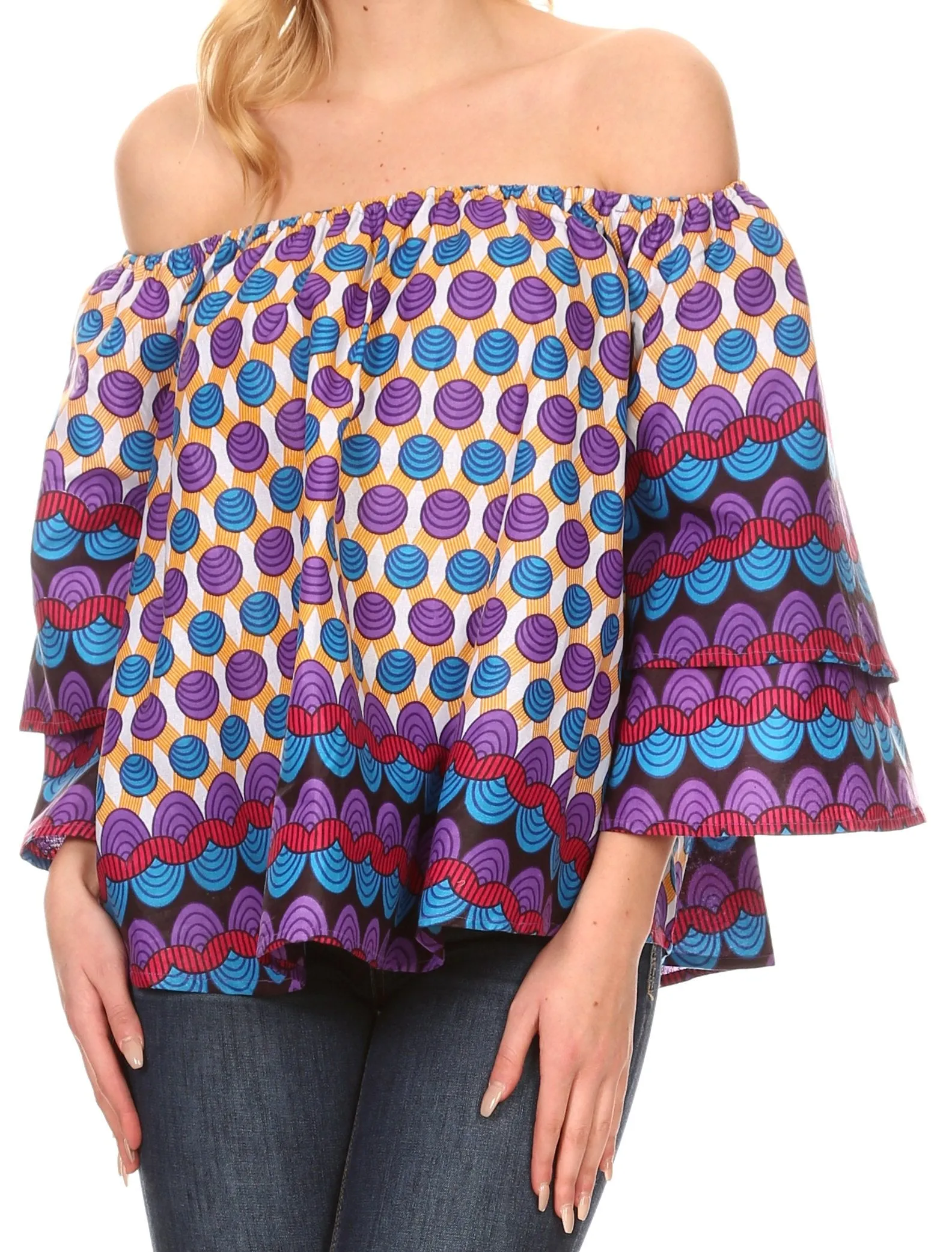 Sakkas Omari Off-shoulder Bell Sleeve Blouse Top Relax Fit Ankara African Wax