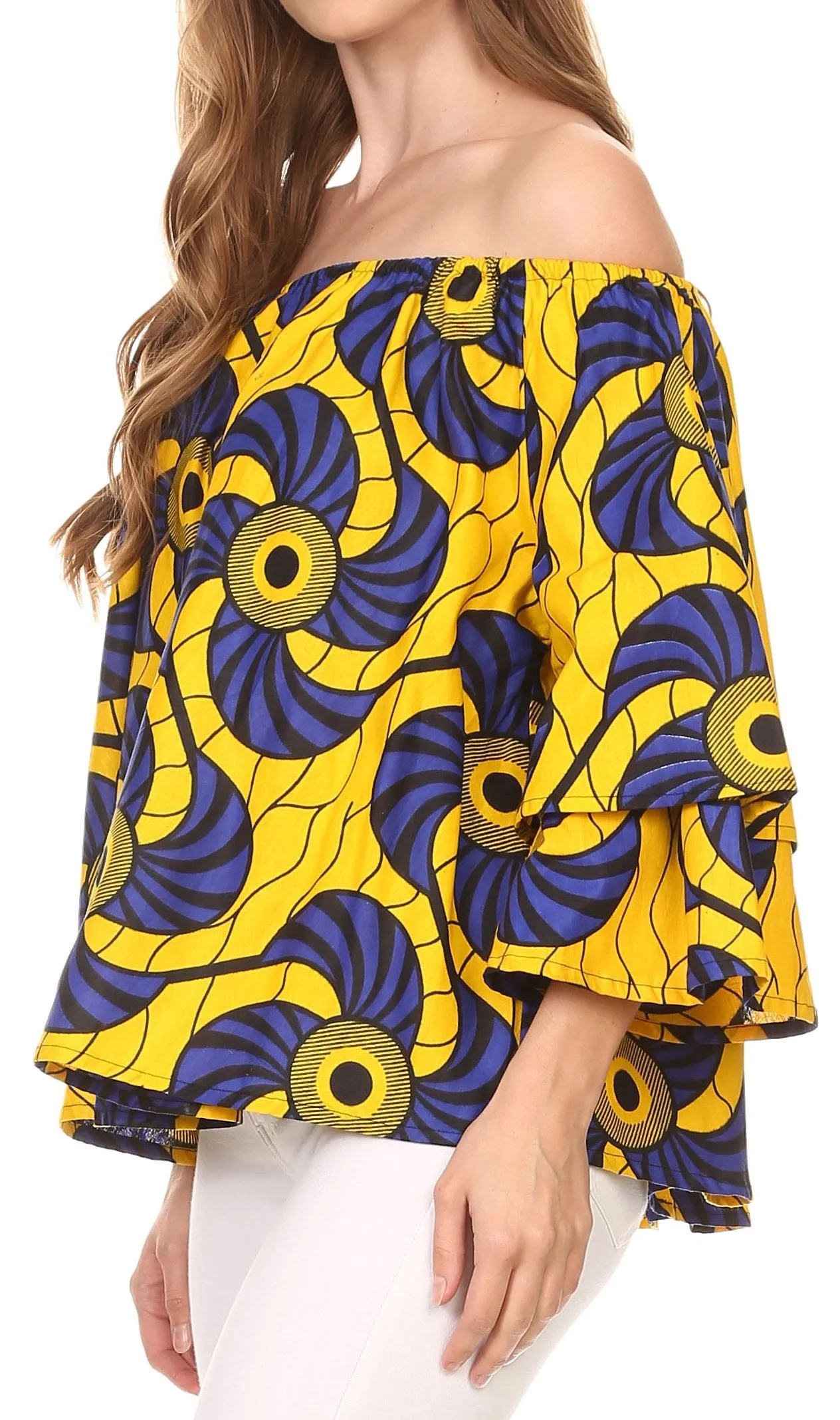 Sakkas Omari Off-shoulder Bell Sleeve Blouse Top Relax Fit Ankara African Wax