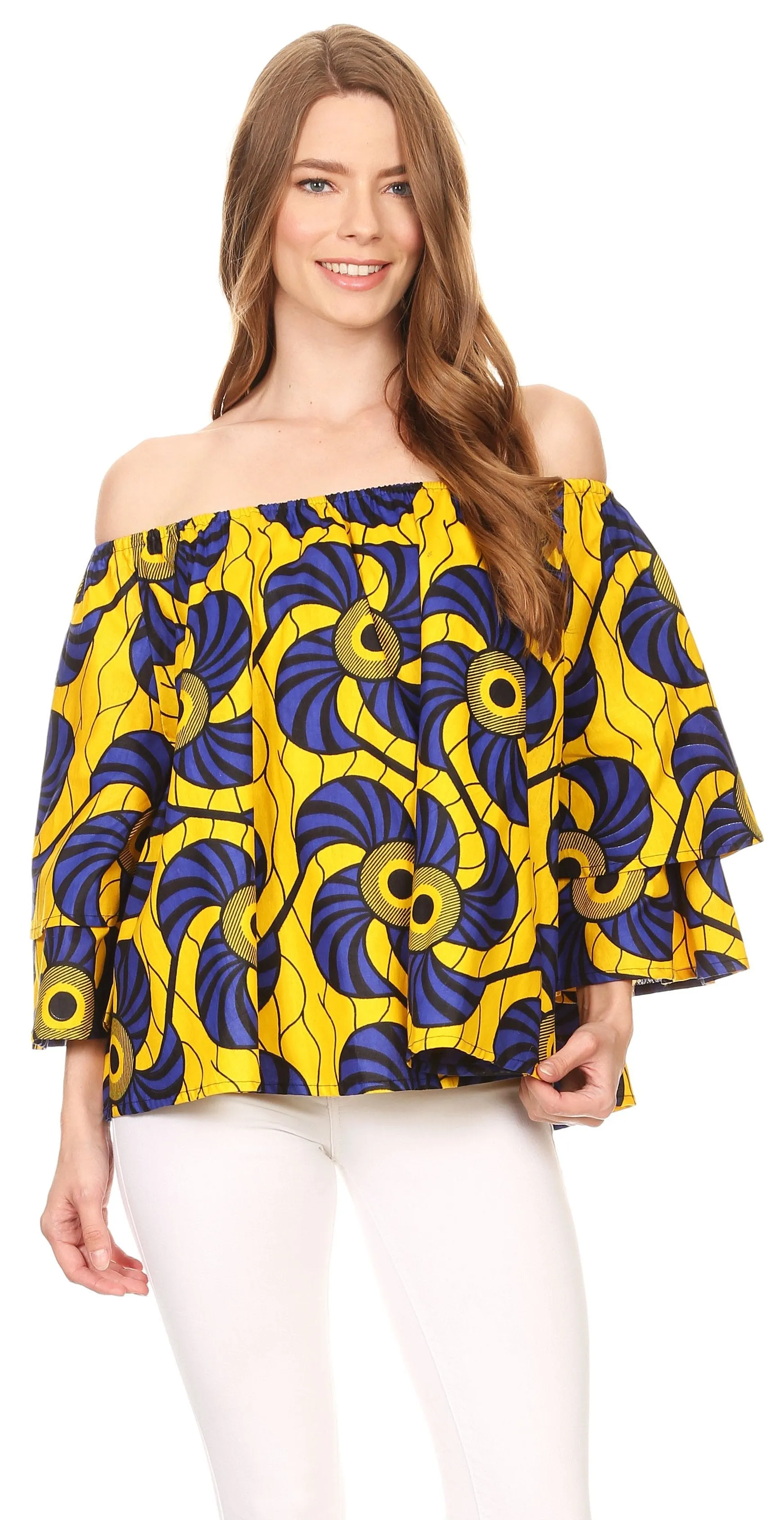 Sakkas Omari Off-shoulder Bell Sleeve Blouse Top Relax Fit Ankara African Wax