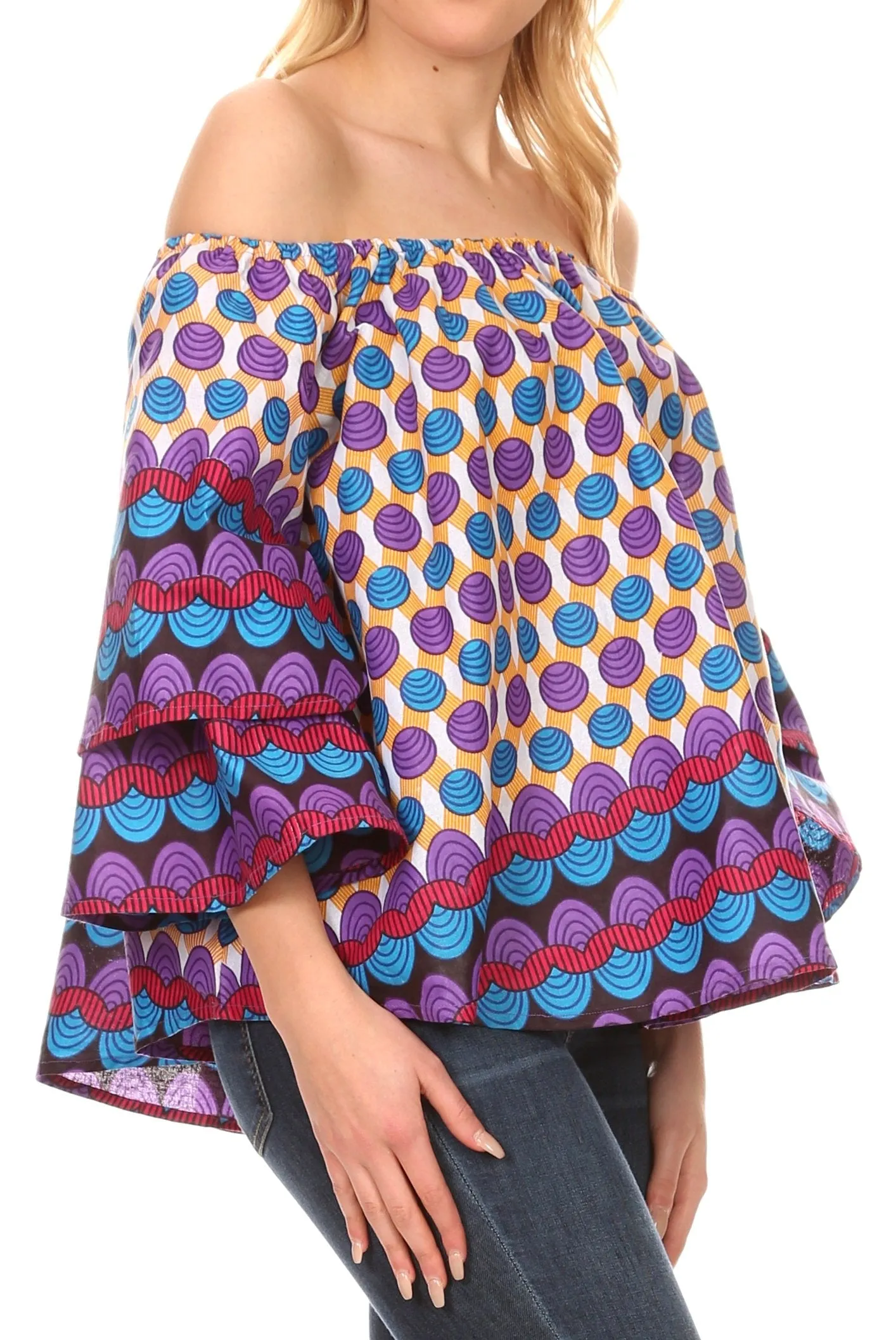 Sakkas Omari Off-shoulder Bell Sleeve Blouse Top Relax Fit Ankara African Wax