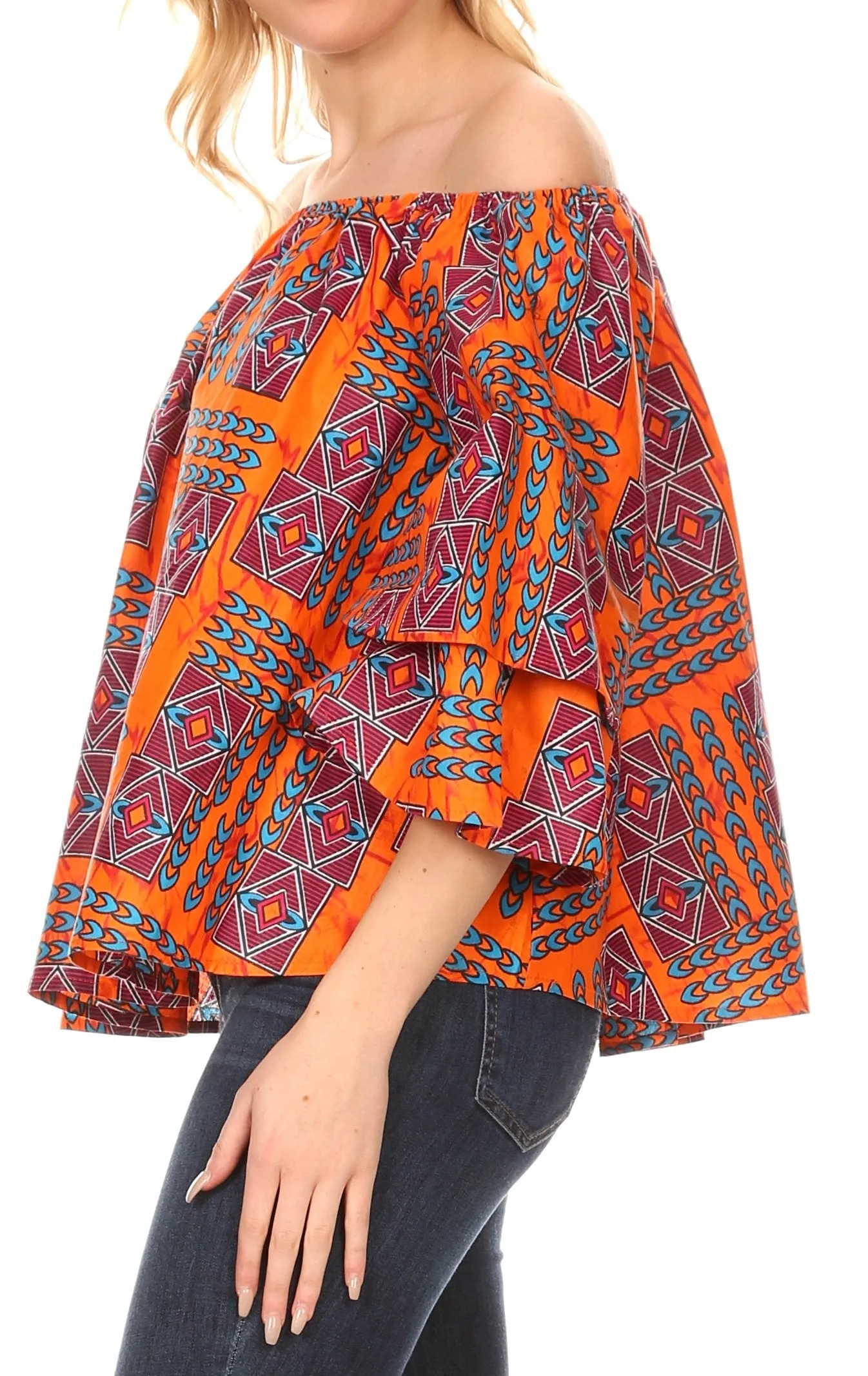 Sakkas Omari Off-shoulder Bell Sleeve Blouse Top Relax Fit Ankara African Wax