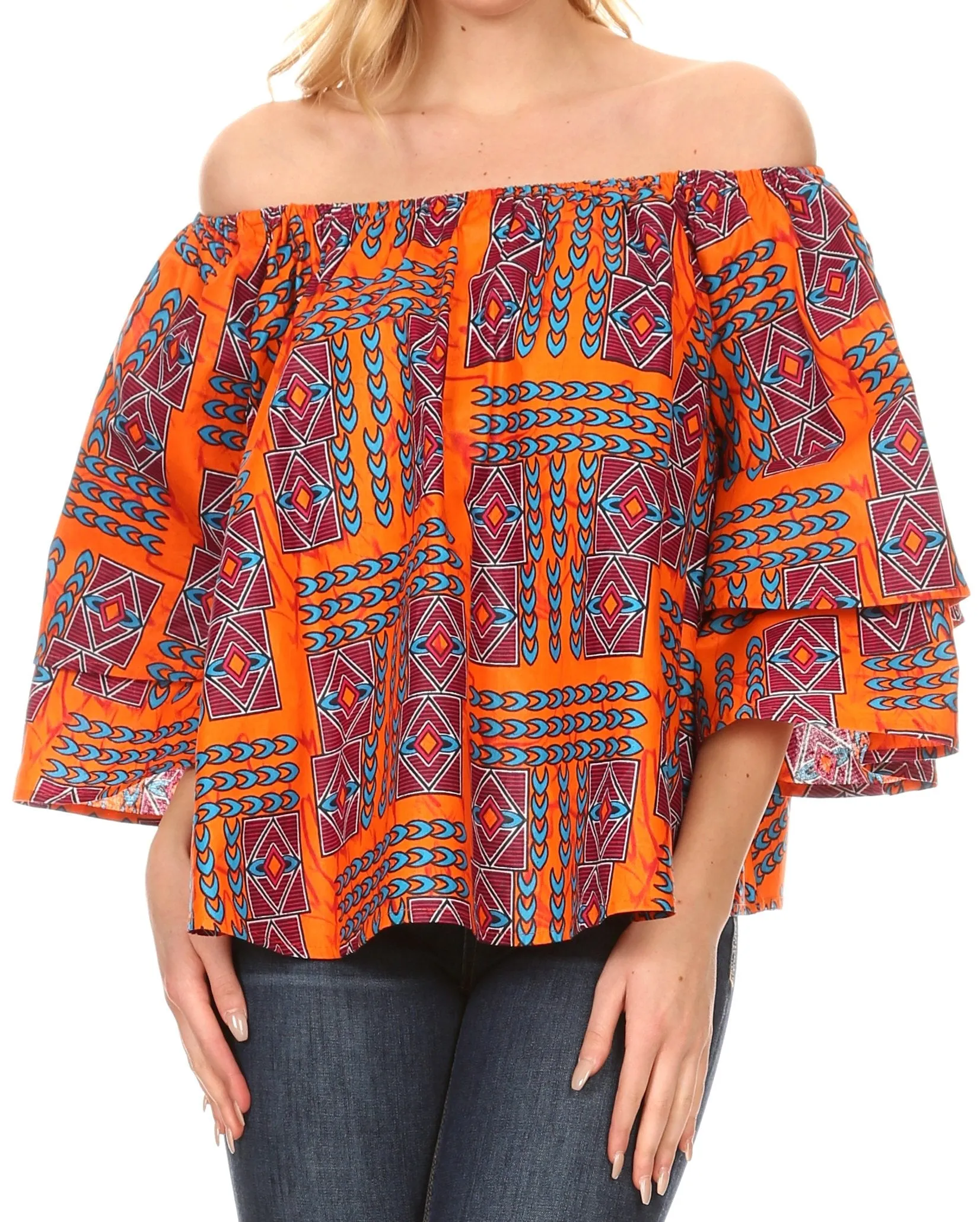 Sakkas Omari Off-shoulder Bell Sleeve Blouse Top Relax Fit Ankara African Wax