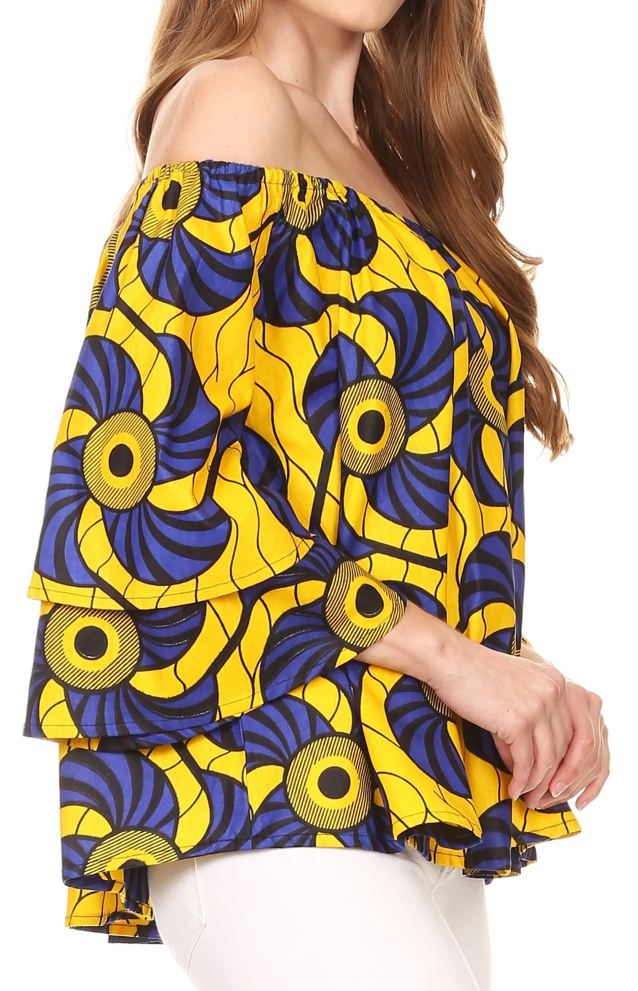 Sakkas Omari Off-shoulder Bell Sleeve Blouse Top Relax Fit Ankara African Wax