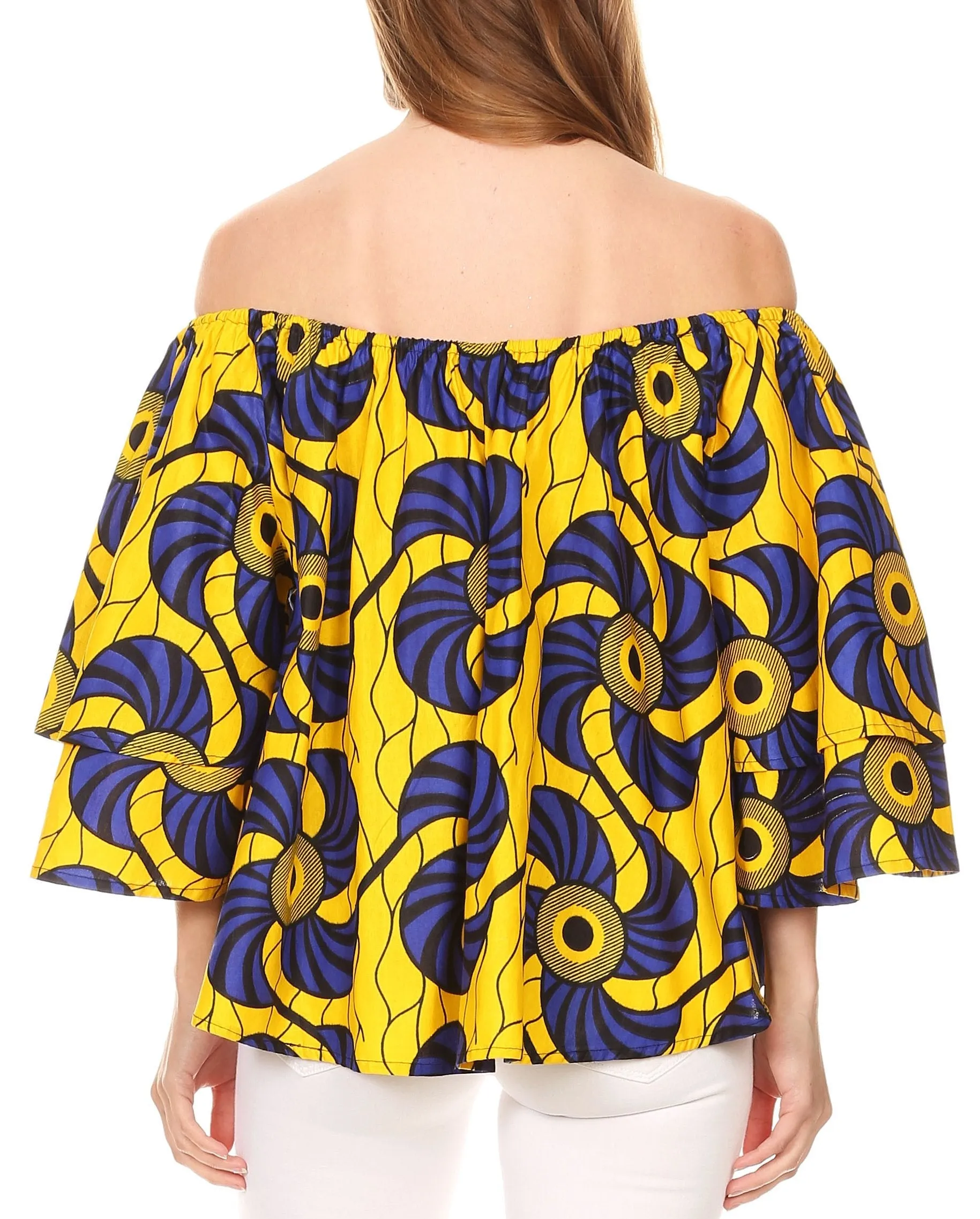 Sakkas Omari Off-shoulder Bell Sleeve Blouse Top Relax Fit Ankara African Wax