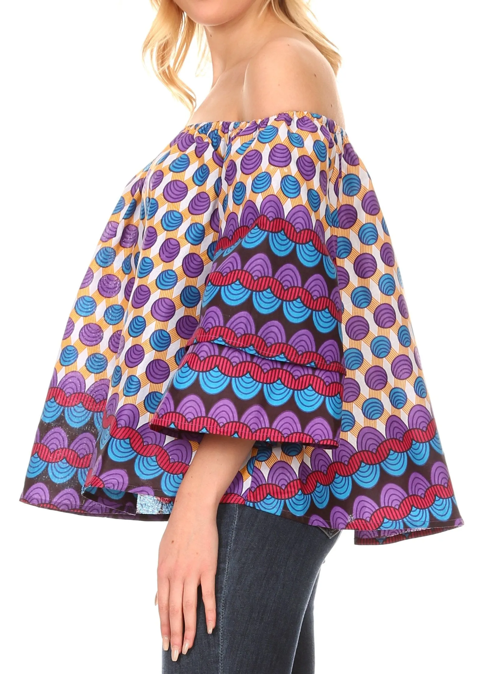 Sakkas Omari Off-shoulder Bell Sleeve Blouse Top Relax Fit Ankara African Wax