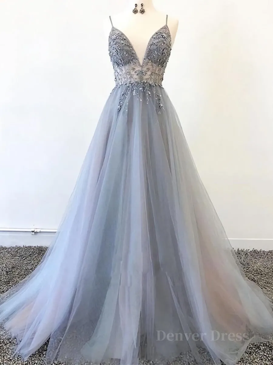 Silver Grey V Neck Floor Length Long Beaded Prom Dresses Grey Long Beaded Formal Evening Dresses