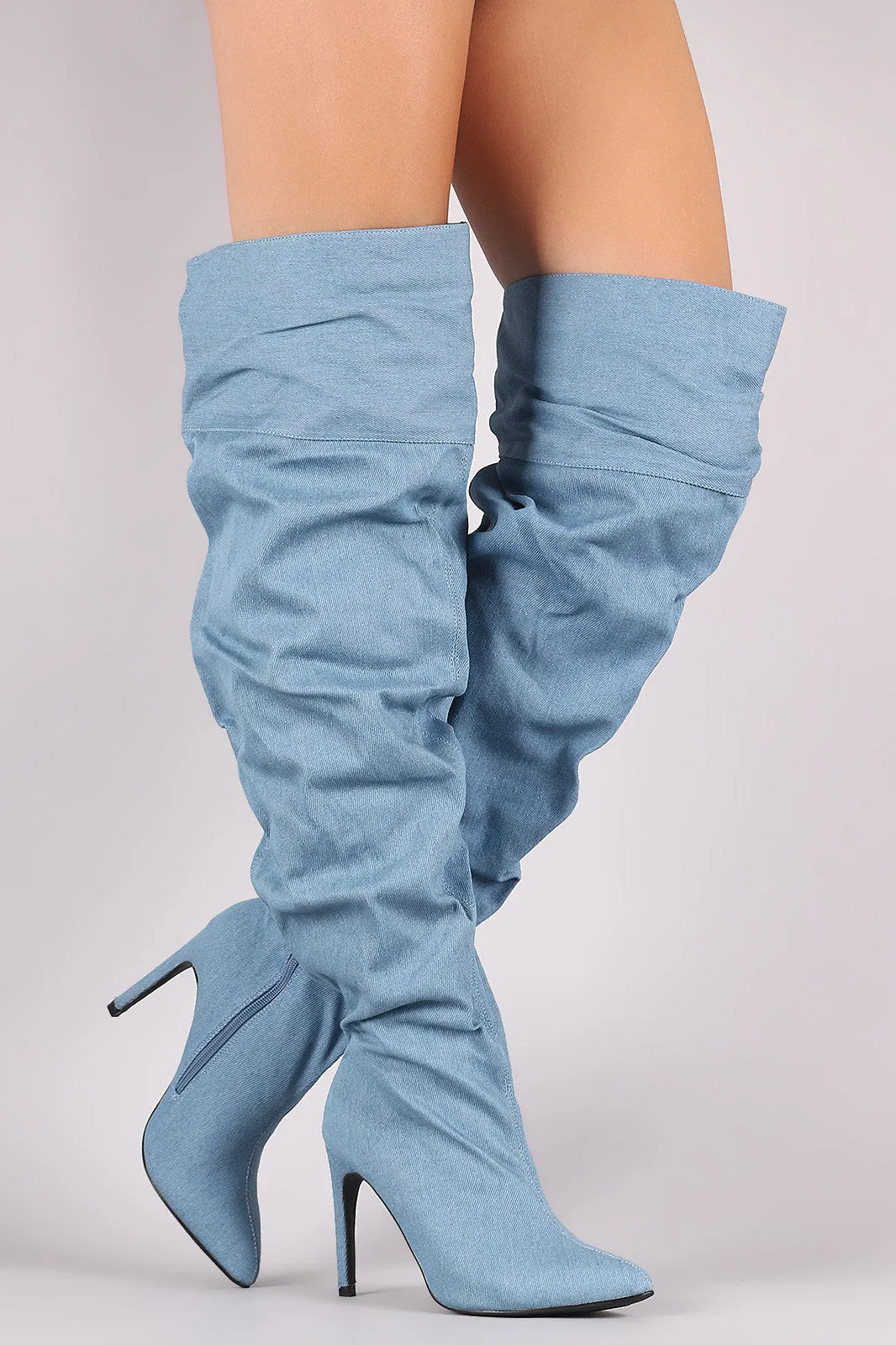 Slouchy Denim Pointy Toe Over-The-Knee Boots