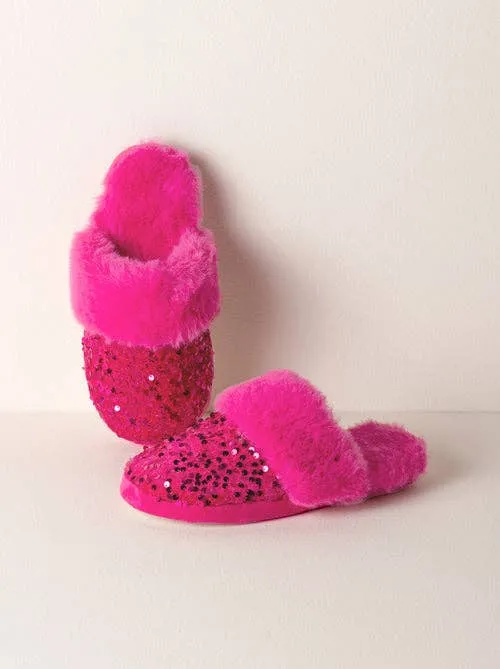 S/M Magenta Sequin Plush Slippers