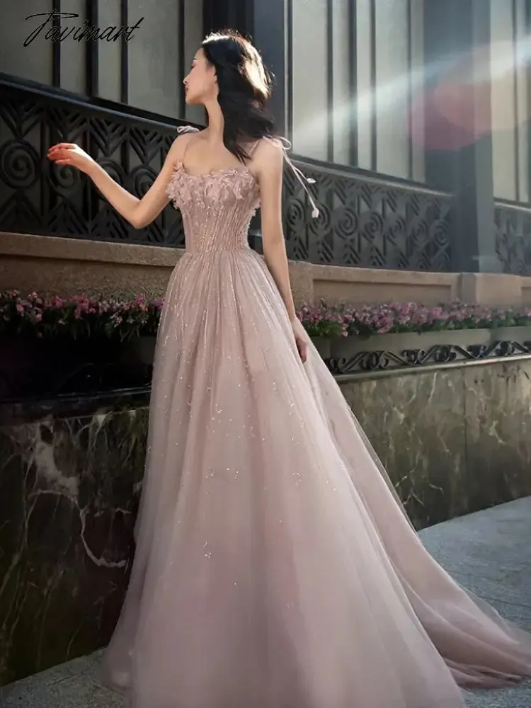 TAVIMART -  Light Pink Luxury Evening Dresses Spaghetti Sleeveless Slim Princess Style Wedding Formal Toast Party Bridesmaid Prom GownsNew