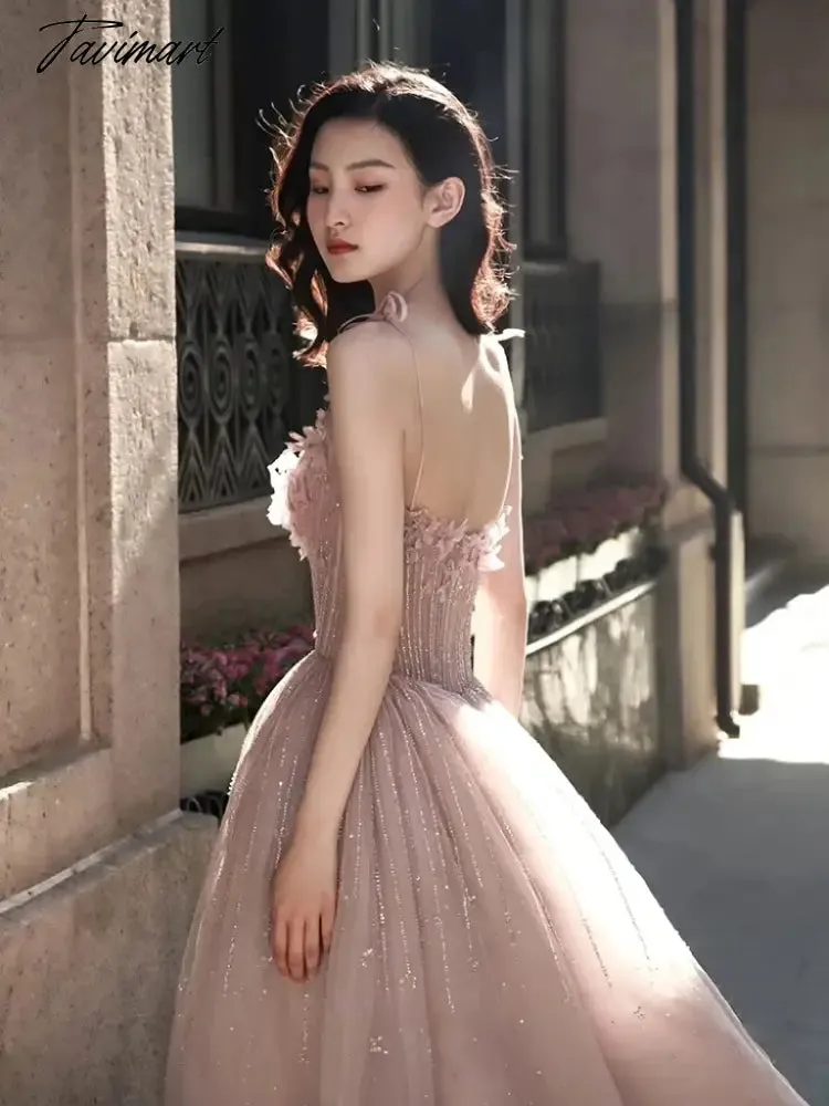 TAVIMART -  Light Pink Luxury Evening Dresses Spaghetti Sleeveless Slim Princess Style Wedding Formal Toast Party Bridesmaid Prom GownsNew