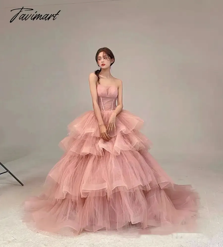 TAVIMART -  Sweet Pink Prom Dresses Flounce Applique Tulle Sleeveless Woman Ribbon Ball Gown Bridesmaid Plus Size Party Evening Gowns 2024