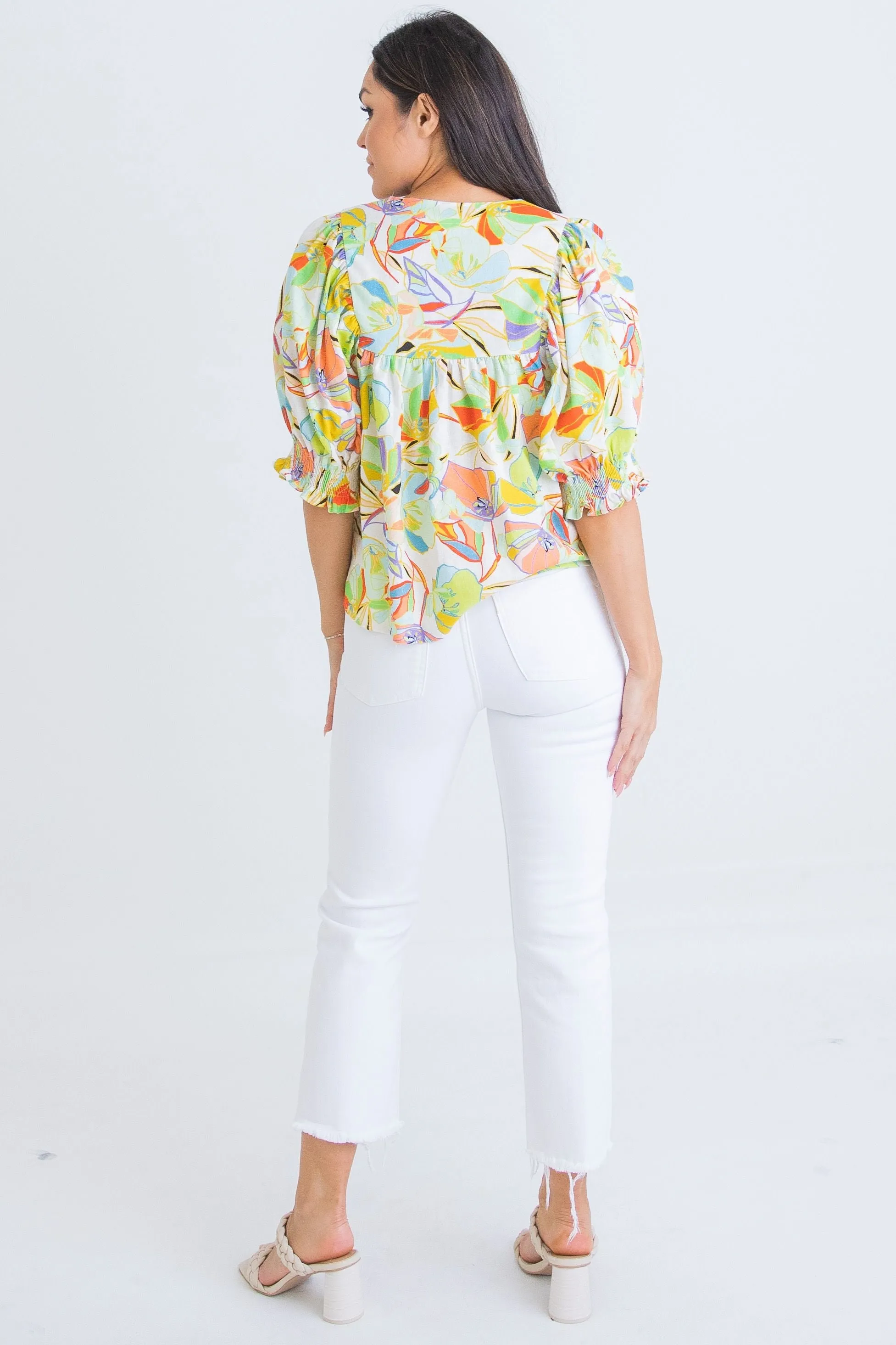 Tropical Illusion Puff Sleeve Top