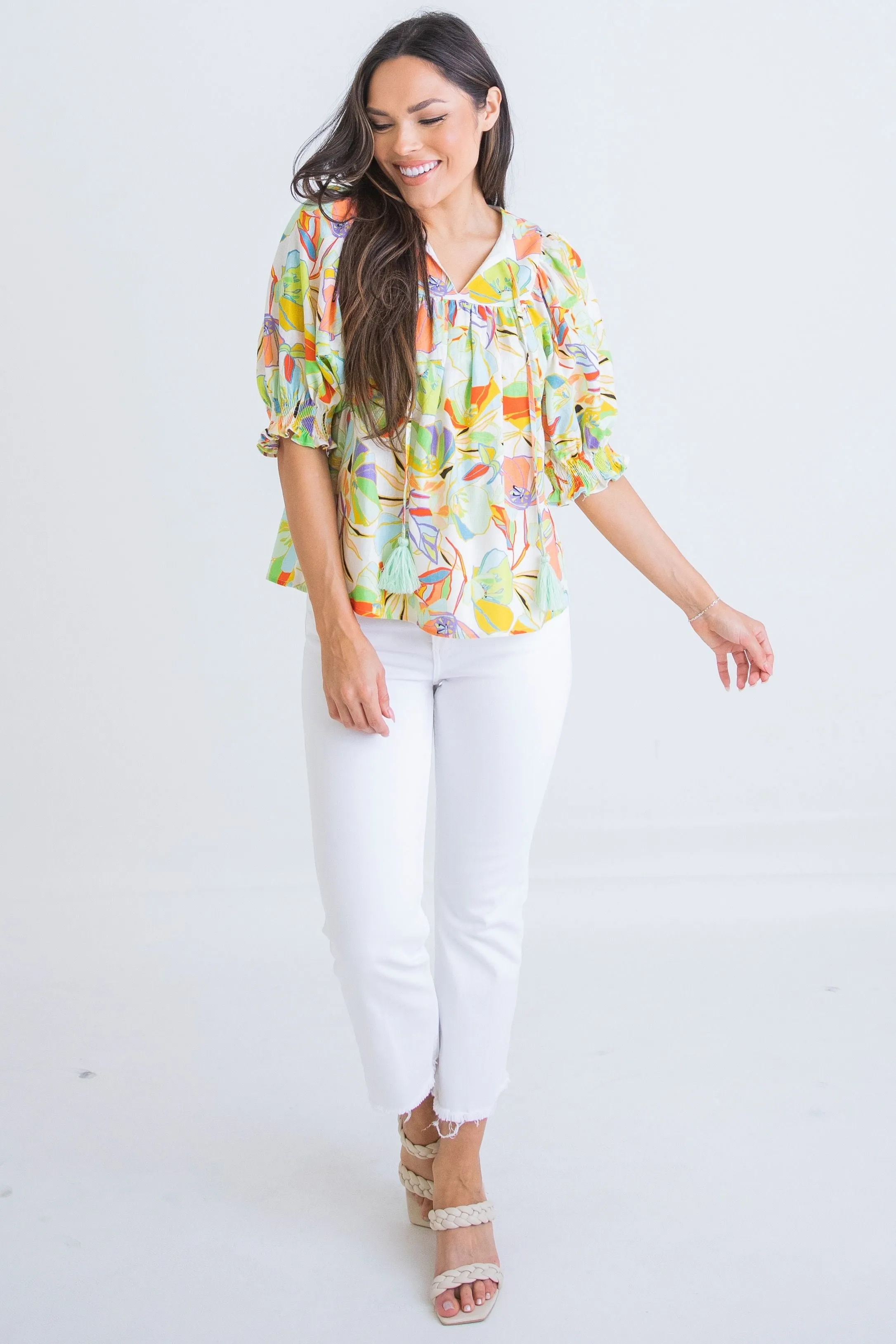 Tropical Illusion Puff Sleeve Top