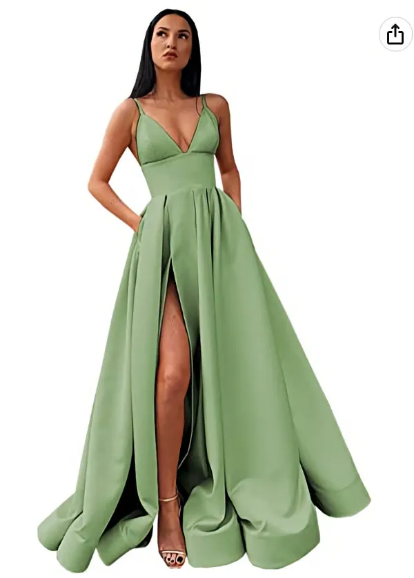 V-Neck Slit Satin Long Prom Dress Spaghetti Strap Evening Ball Gown with Pockets