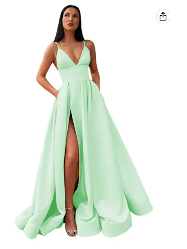 V-Neck Slit Satin Long Prom Dress Spaghetti Strap Evening Ball Gown with Pockets