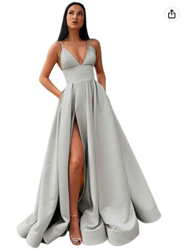 V-Neck Slit Satin Long Prom Dress Spaghetti Strap Evening Ball Gown with Pockets