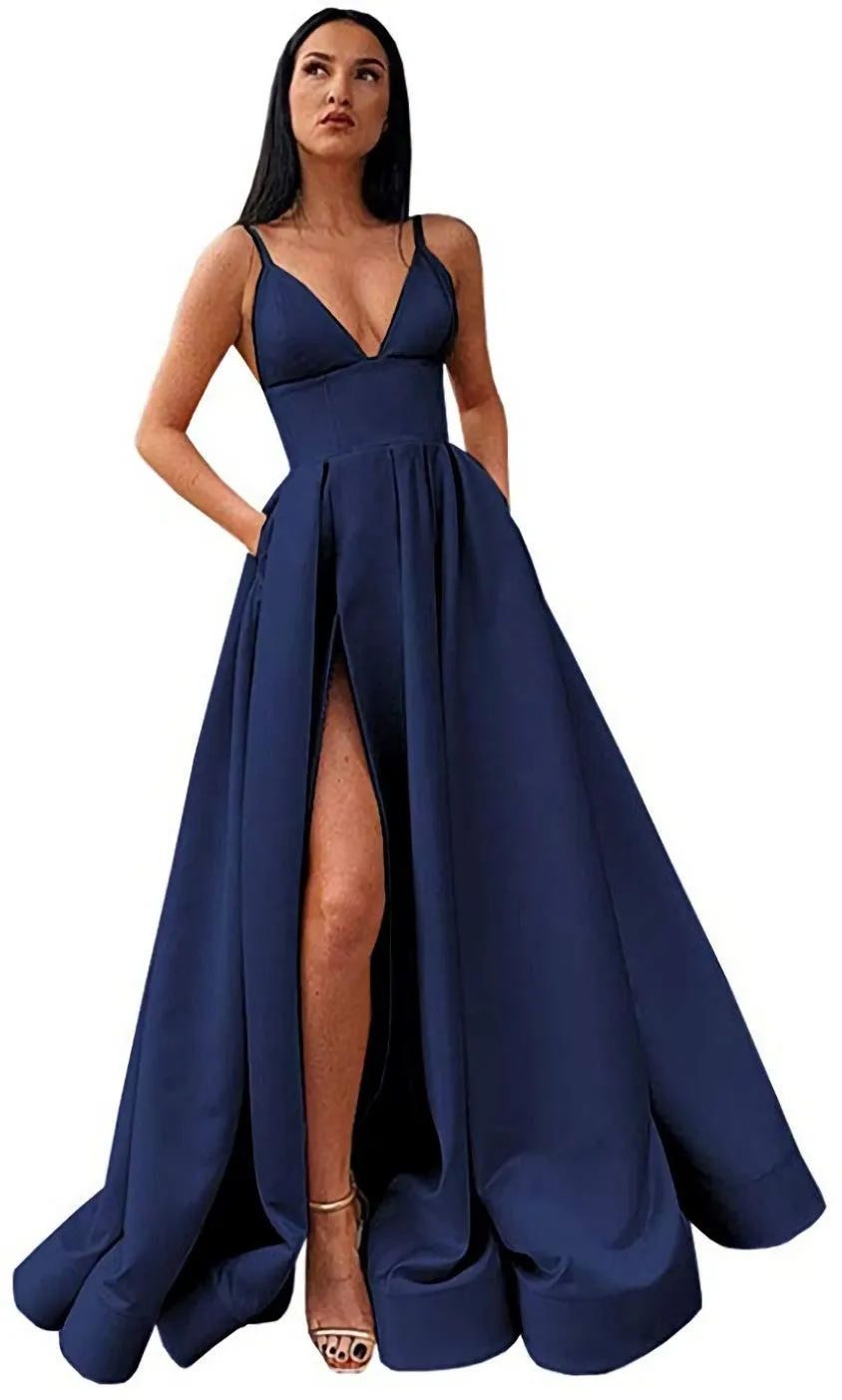 V-Neck Slit Satin Long Prom Dress Spaghetti Strap Evening Ball Gown with Pockets