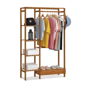 versatile Bamboo 1 Drawer Hat Hooks Coat Pants Rack, Closet Organizer Wardrobe, Brown, for Bedroom