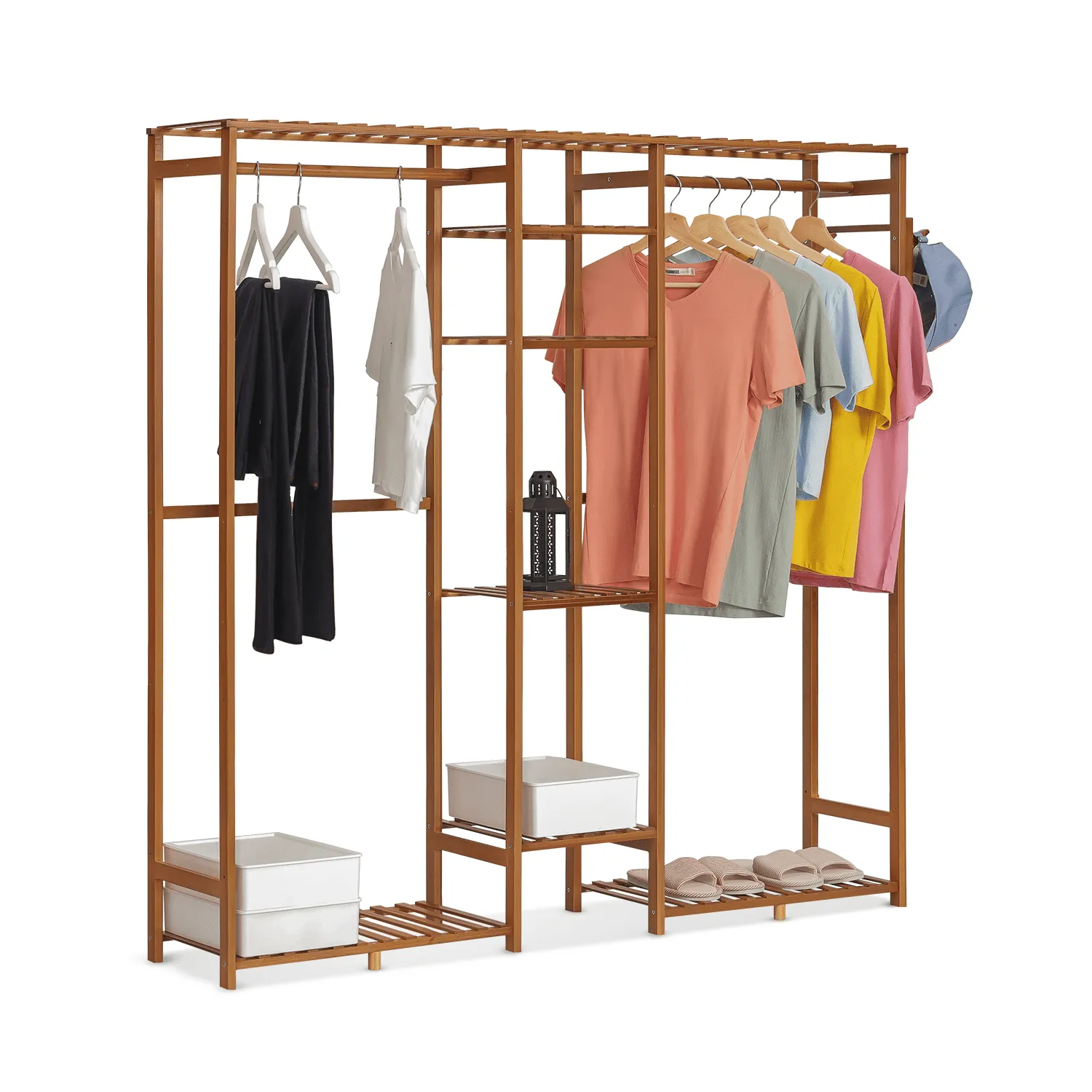 versatile Bamboo 6 Tiers Coat Pants Rack, Modern Closet Storage Wardrobe, Hat Hooks, Brown, for Bedroom